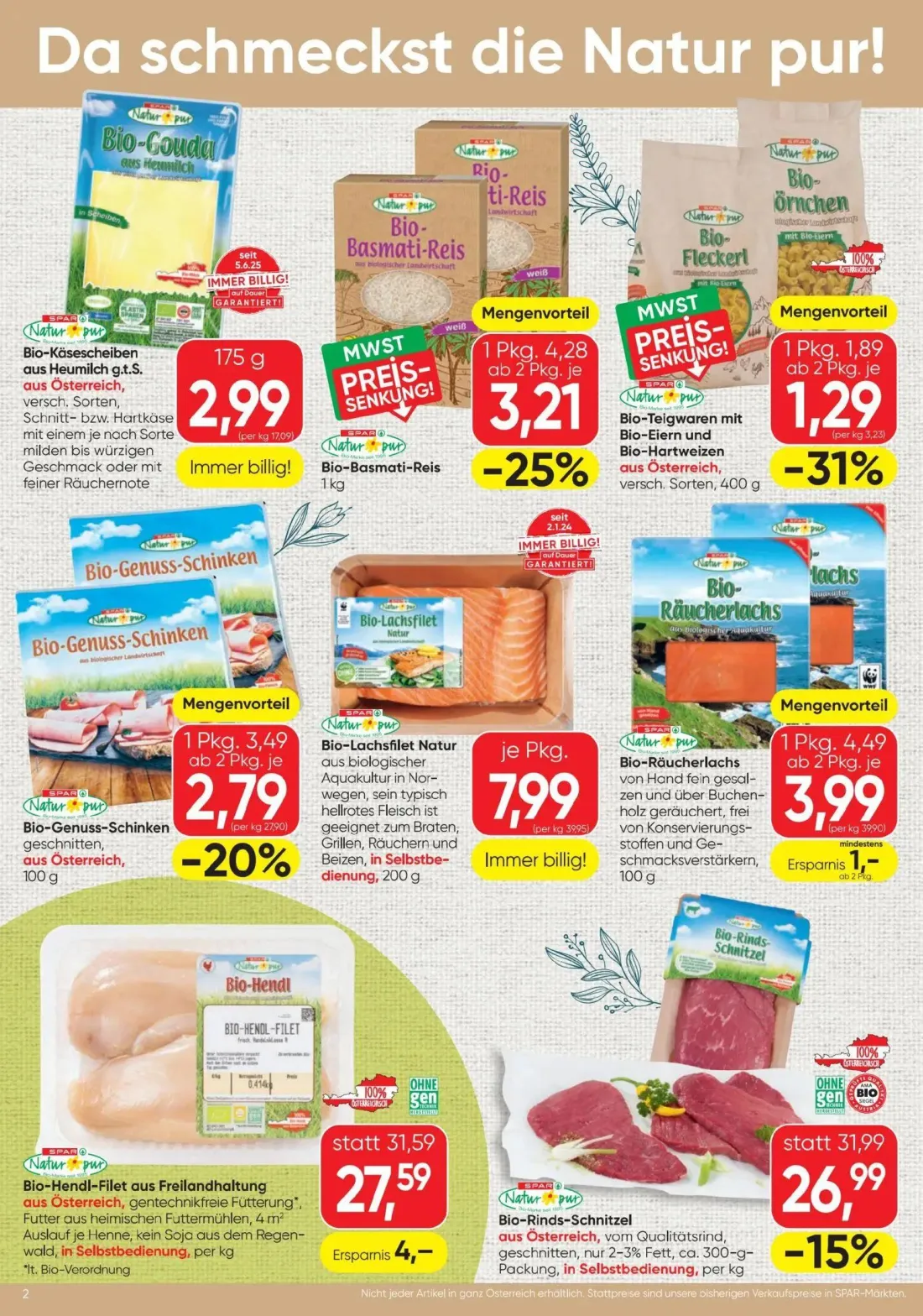 Spar Prospekt, Seite 2 von 4 — Bio-Rinds-Schnitzel, Bio-Hendl-Filet aus Freilandhaltung, Bio-Basmati-Reis