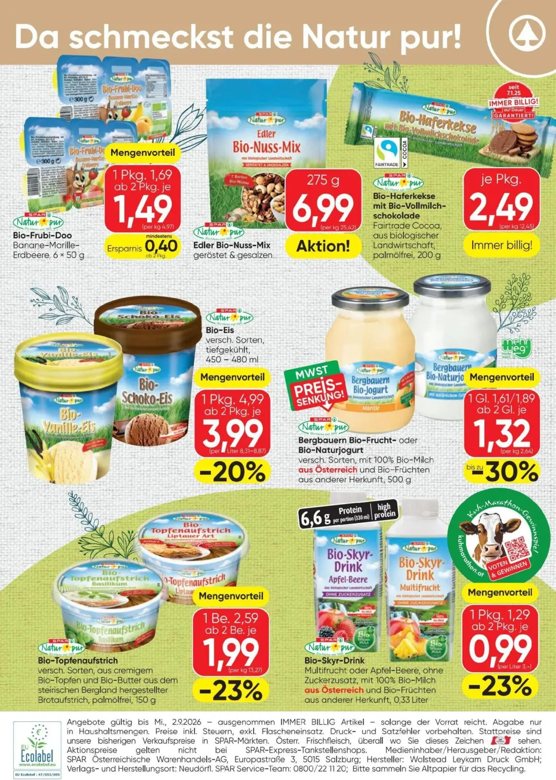 Spar Prospekt, Seite 4 von 4 — Bio-Eis versch. Sorten, Bio-Topfenaufstrich versch. Sorten, Bergbauern Bio-Frucht- oder Bio-N…