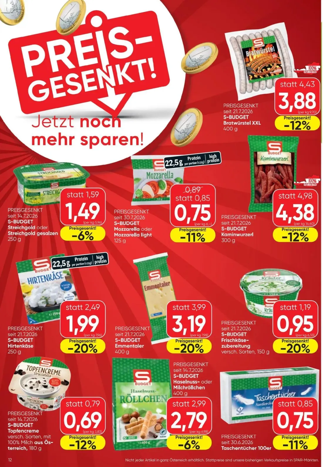 Spar Prospekt, Seite 12 von 16 — S-BUDGET Emmentaler, S-BUDGET Kaminwurzerl, S-BUDGET Bratwürstel XXL