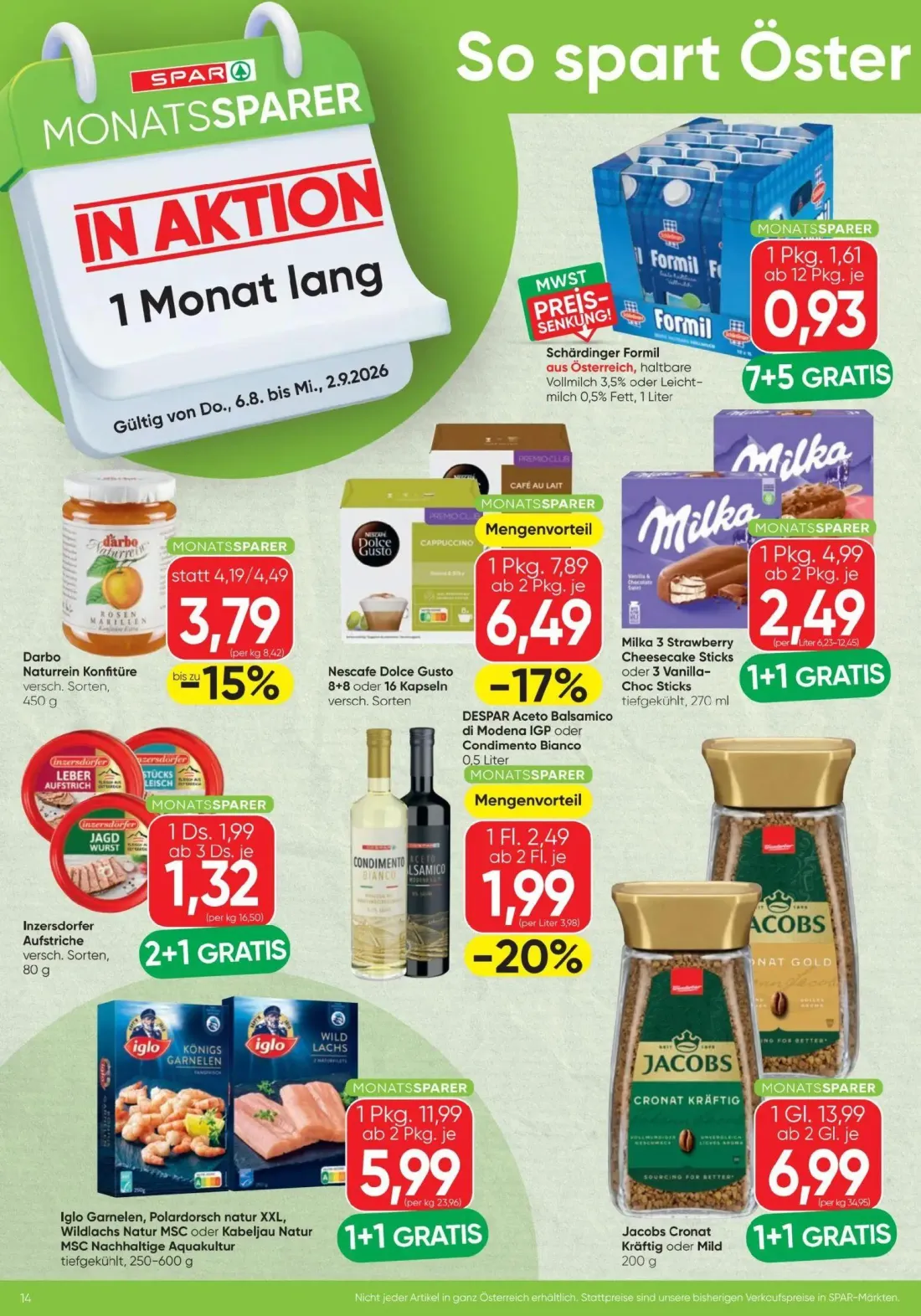 Spar Prospekt, Seite 14 von 16 — Iglo Garnelen, Polardorsch natur XXL, Wildlachs Natur MSC oder Kabeljau Natur MSC Nachhalti…
