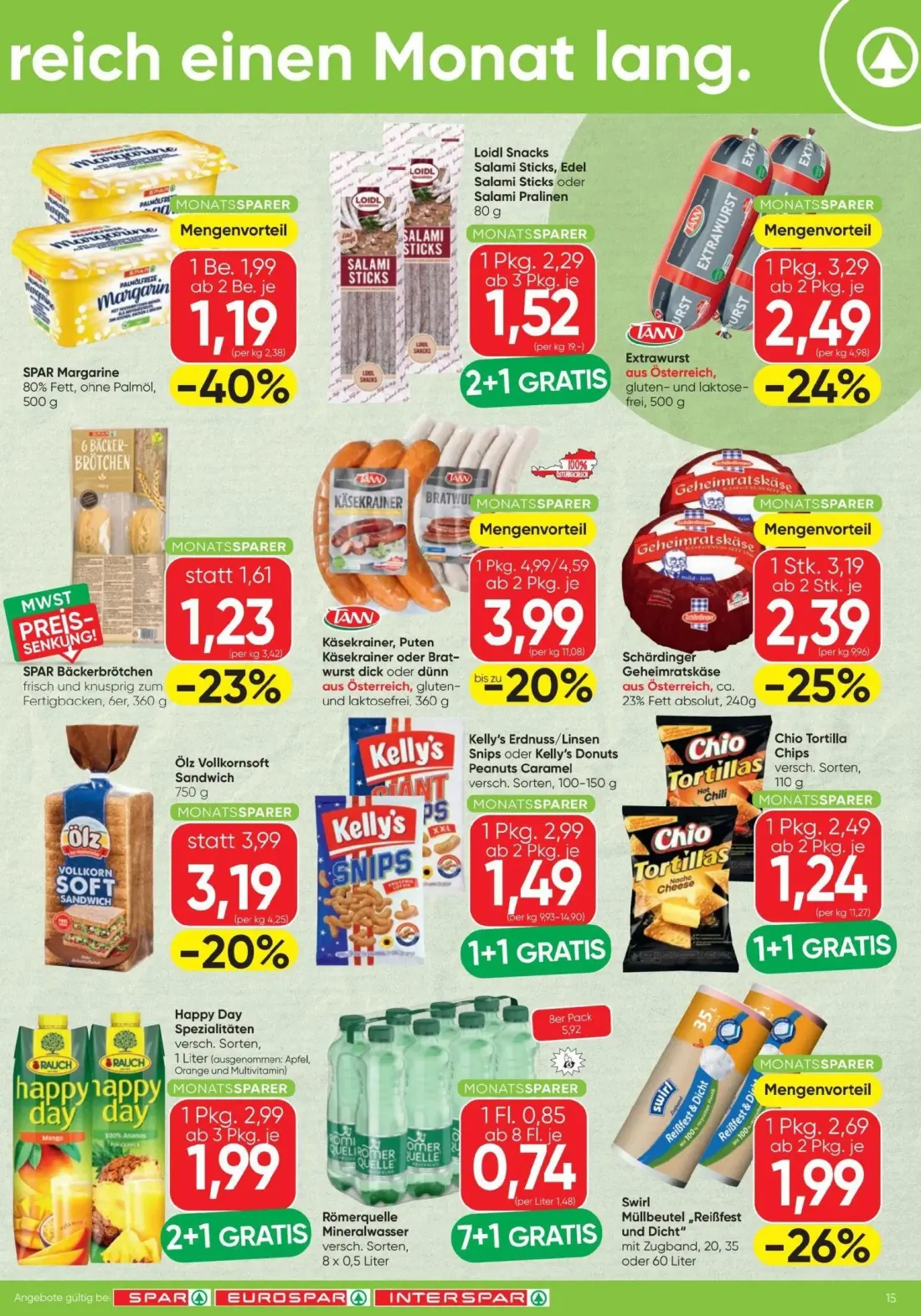 Spar Prospekt, Seite 15 von 16 — Kelly's Erdnuss/Linsen Snips oder Kelly's Donuts Peanuts Caramel, Chio Tortilla Chips, Käse…