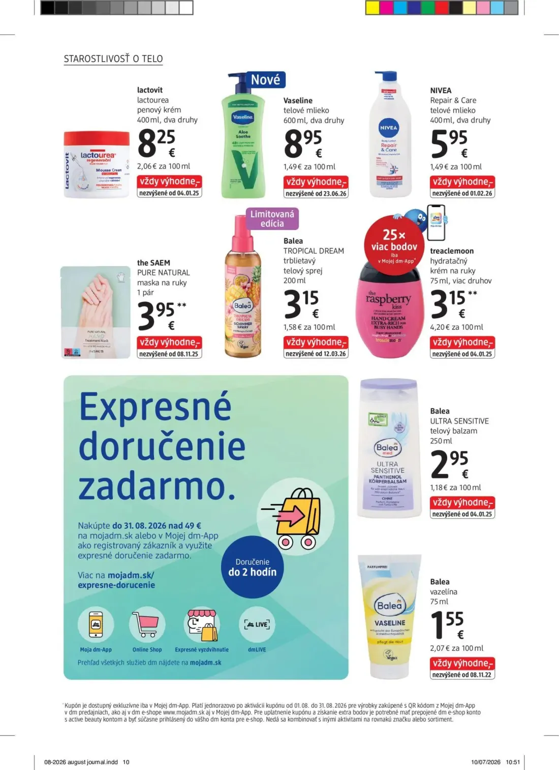 DM Drogerie leták, strana 10 z 32 — lactovit lactourea penový krém, Vaseline telové mlieko, NIVEA Repair & Care telové mlieko