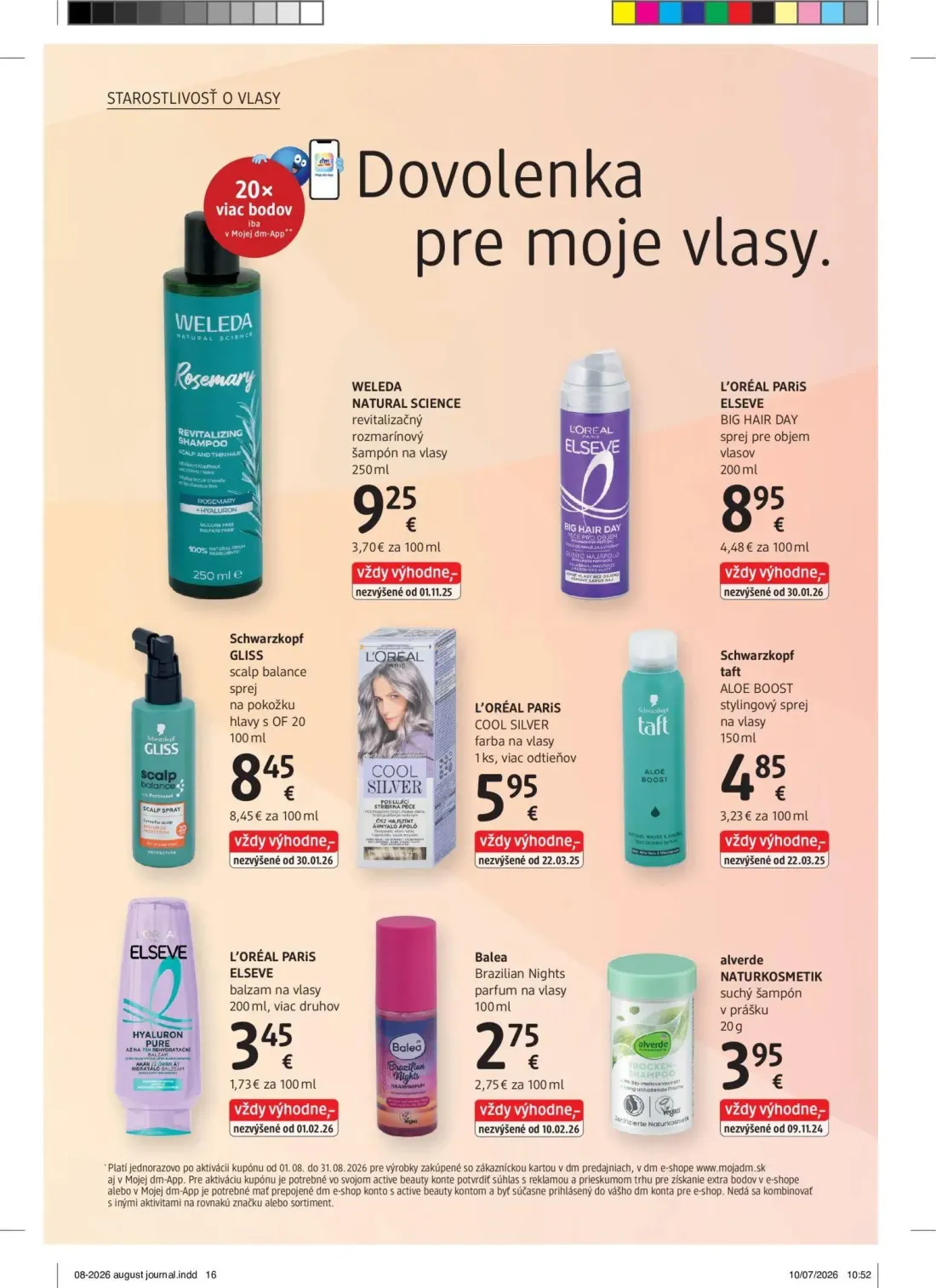 DM Drogerie leták, strana 16 z 32 — WELEDA NATURAL SCIENCE revitalizačný rozmarínový šampón na vlasy, L'ORÉAL PARIS ELSEVE B…