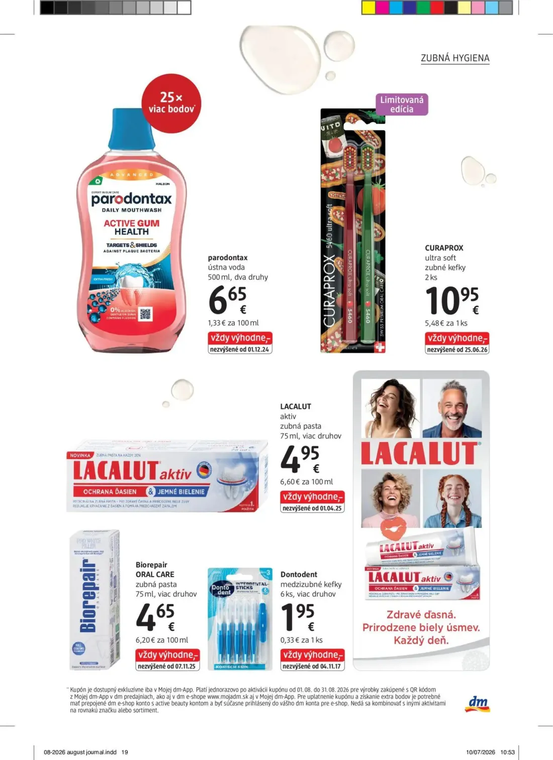 DM Drogerie leták, strana 19 z 32 — parodontax ústna voda, CURAPROX ultra soft zubné kefky, LACALUT aktiv zubná pasta