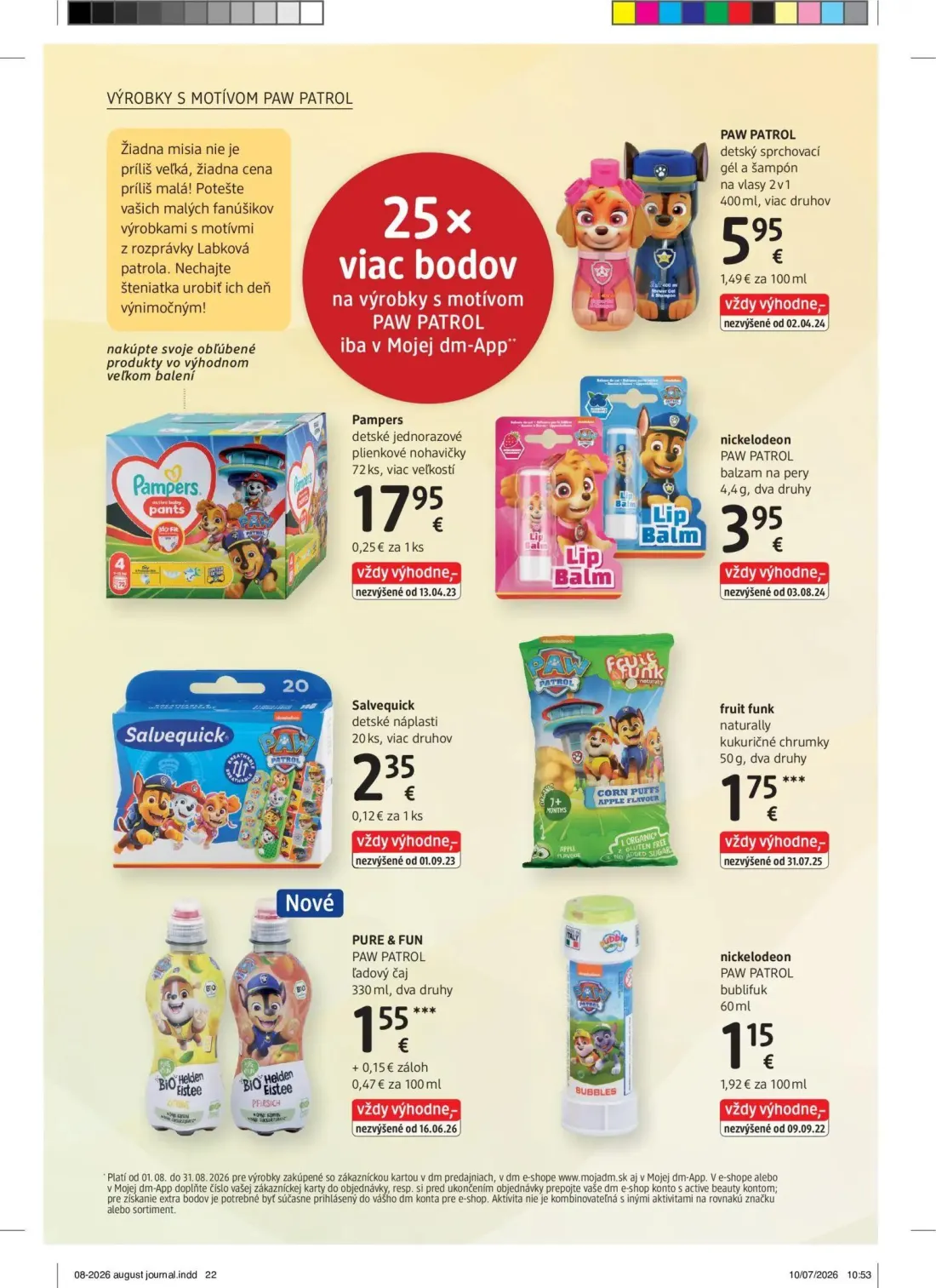 DM Drogerie leták, strana 22 z 32 — PAW PATROL detský sprchovací gél a šampón na vlasy 2 v 1, Pampers detské jednorazové pli…