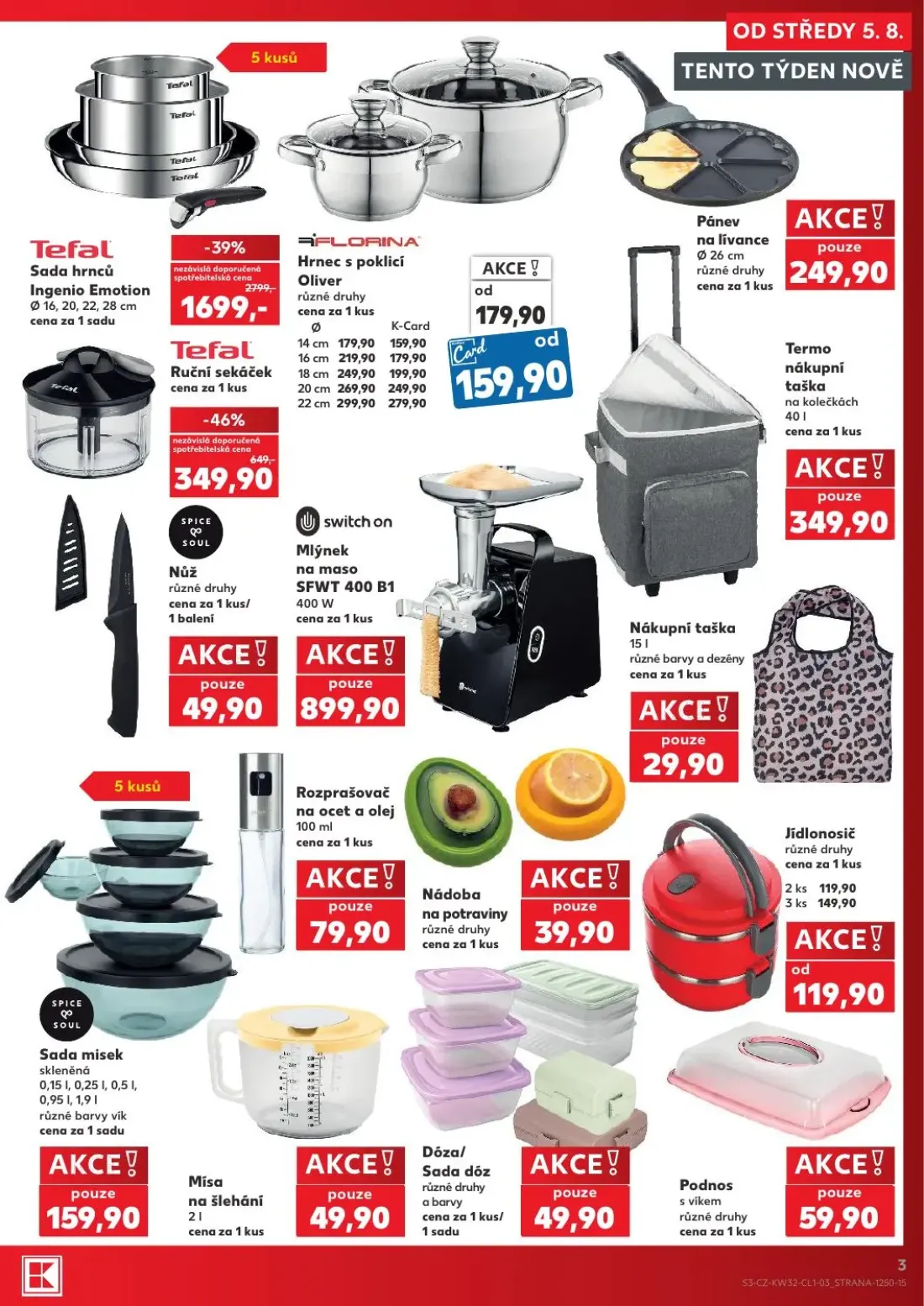 Kaufland leták, strana 3 z 8 — Tefal Sada hrnců Ingenio Emotion, Tefal Ruční sekáček, Florina Hrnec s poklicí Oliver