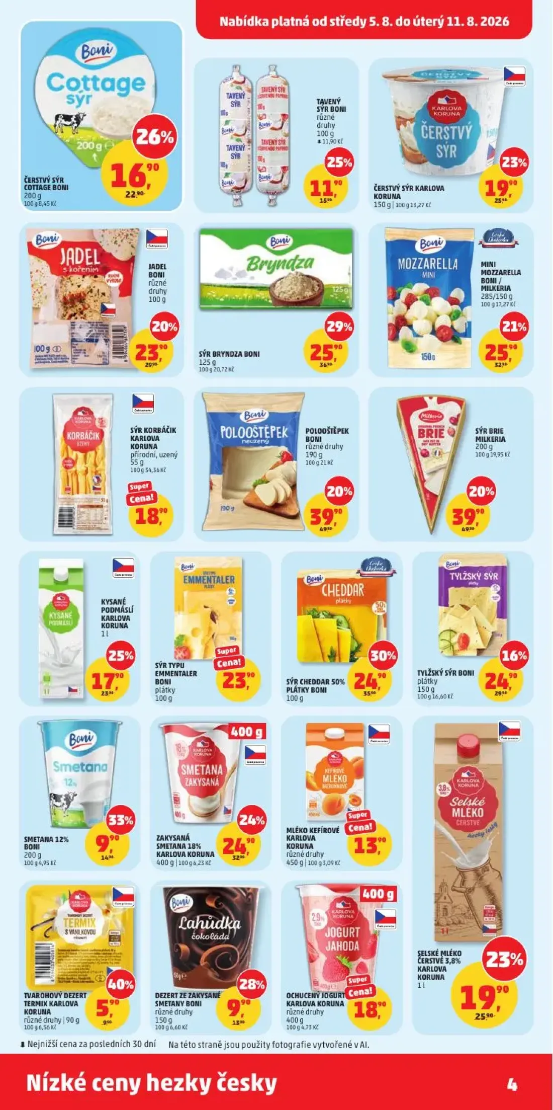 PENNY leták, strana 4 z 34 — SÝR BRYNDZA BONI, SÝR CHEDDAR 50% PLÁTKY BONI, POLOOŠTĚPEK BONI