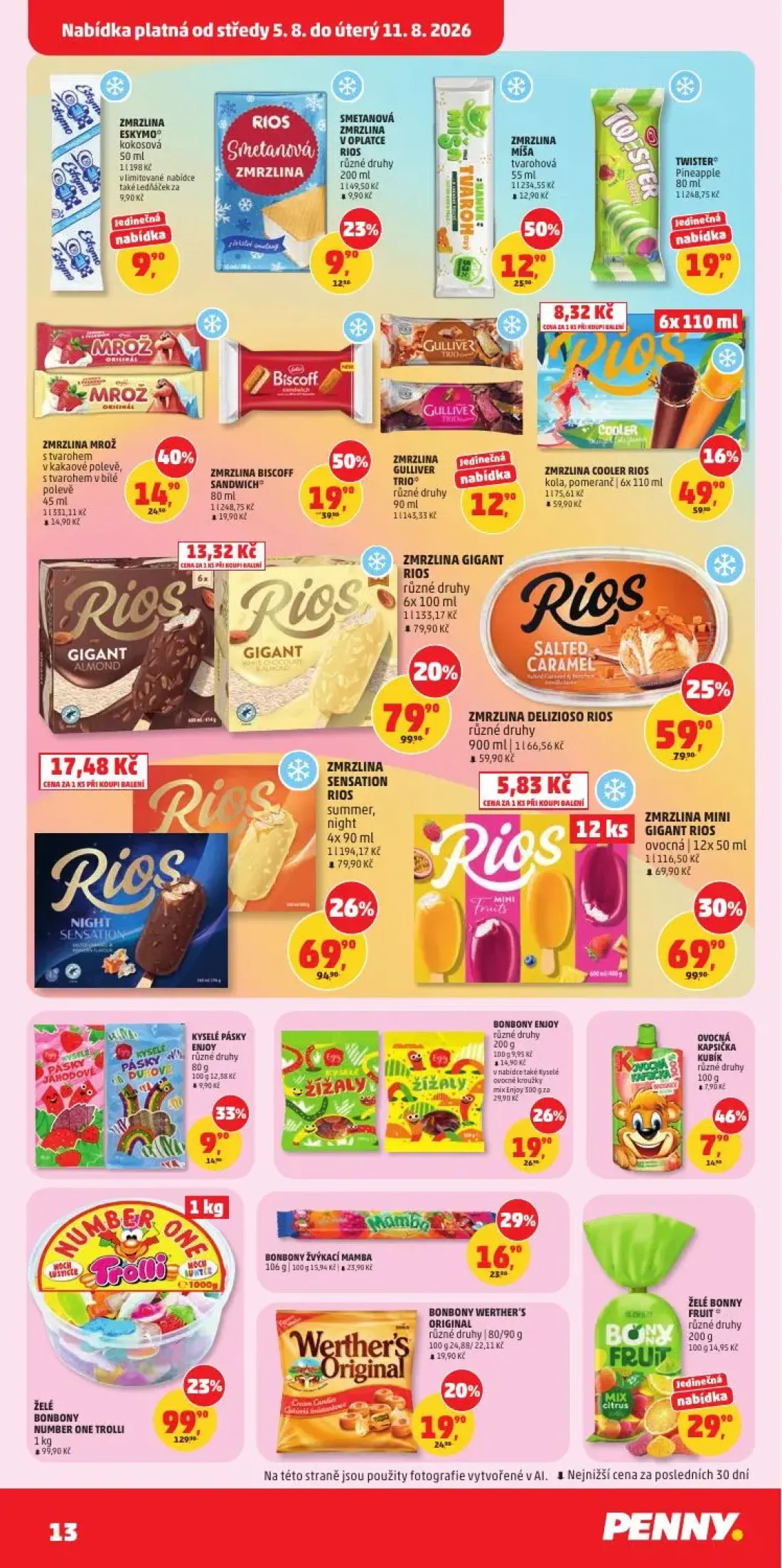 PENNY leták, strana 13 z 34 — ZMRZLINA MINI GIGANT RIOS ovocná, ZMRZLINA SENSATION RIOS summer, night, ZMRZLINA BISCOFF SAND…