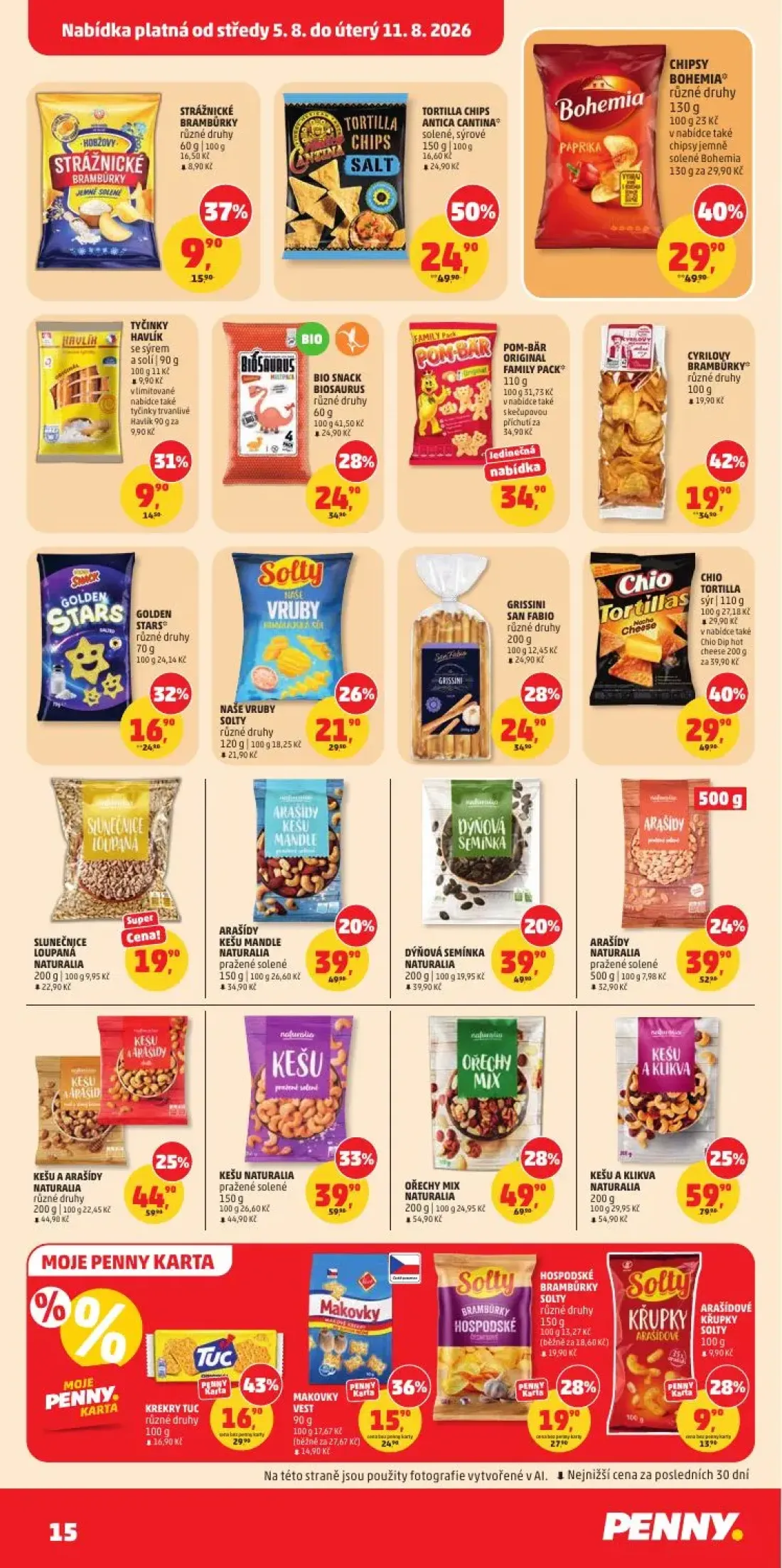 PENNY leták, strana 15 z 34 — TORTILLA CHIPS ANTICA CANTINA, CHIPSY BOHEMIA, CHIO TORTILLA