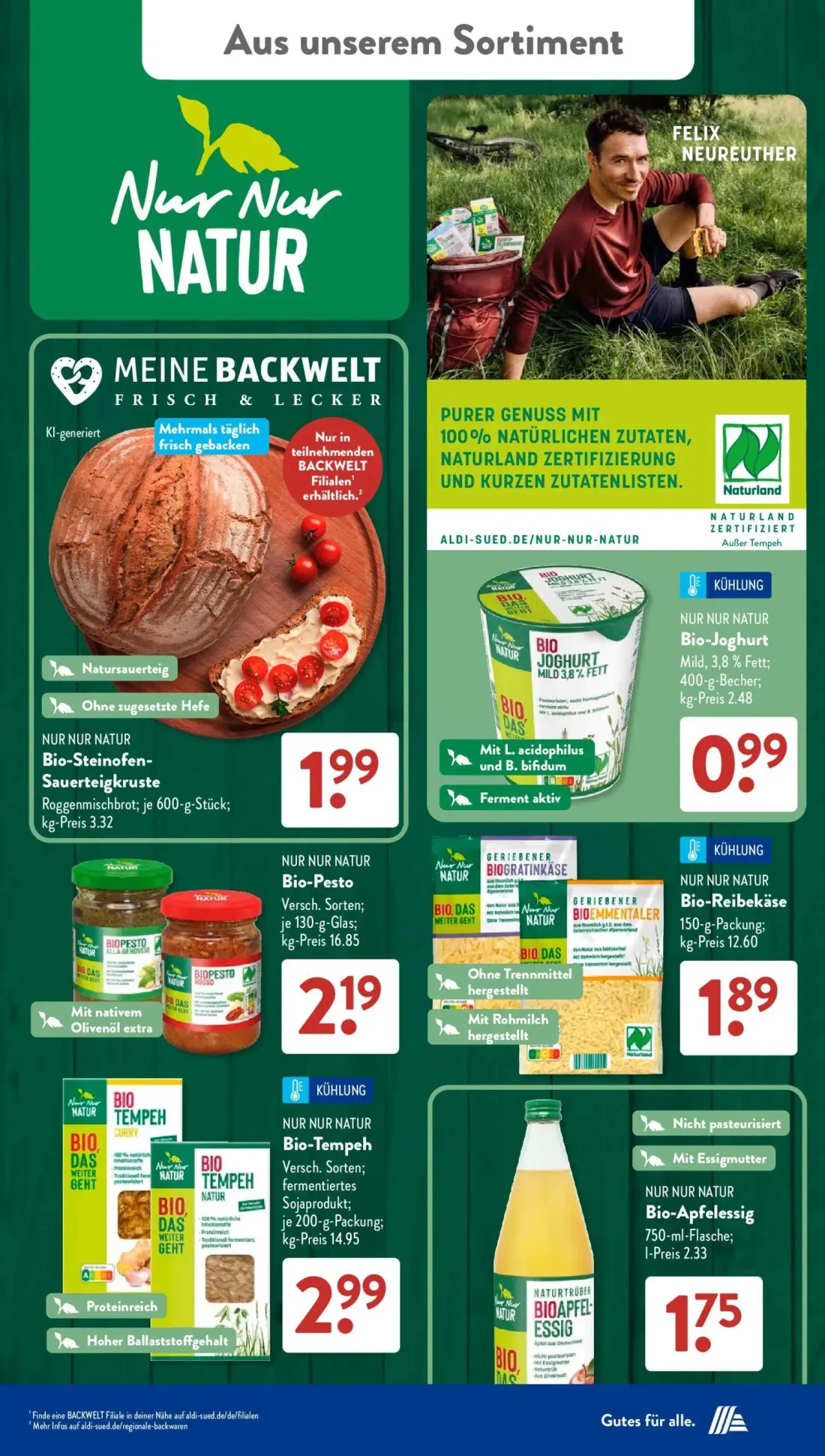 Aldi Süd Prospekt, Seite 14 von 22 — Bio-Steinofen-Sauerteigkruste Roggenmischbrot, Bio-Joghurt Mild, 3,8% Fett, Bio-Pesto