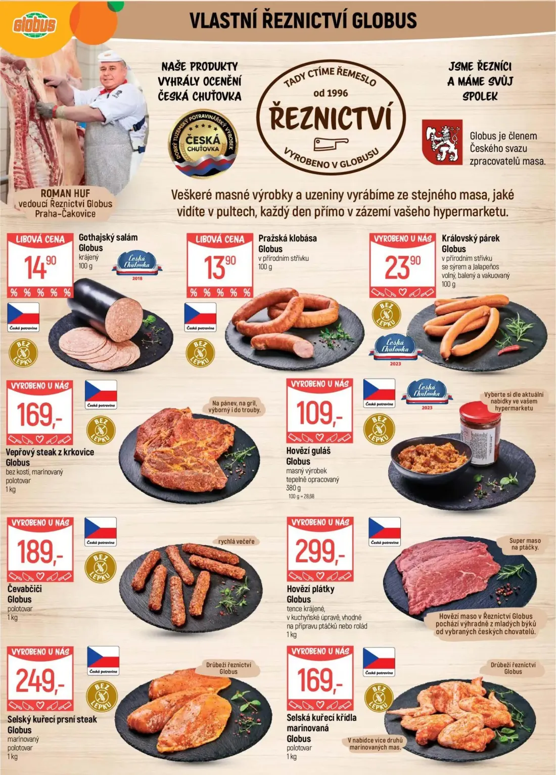 GLOBUS leták, strana 5 z 43 — Gothajský salám Globus, Pražská klobása Globus, Královský párek Globus