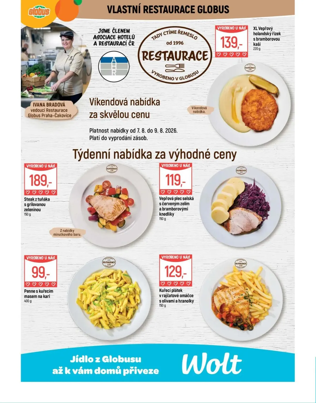 GLOBUS leták, strana 7 z 43 — XL Vepřový holandský řízek s bramborovou kaší, Steak z tuňáka s grilovanou zeleninou, Vepřová …