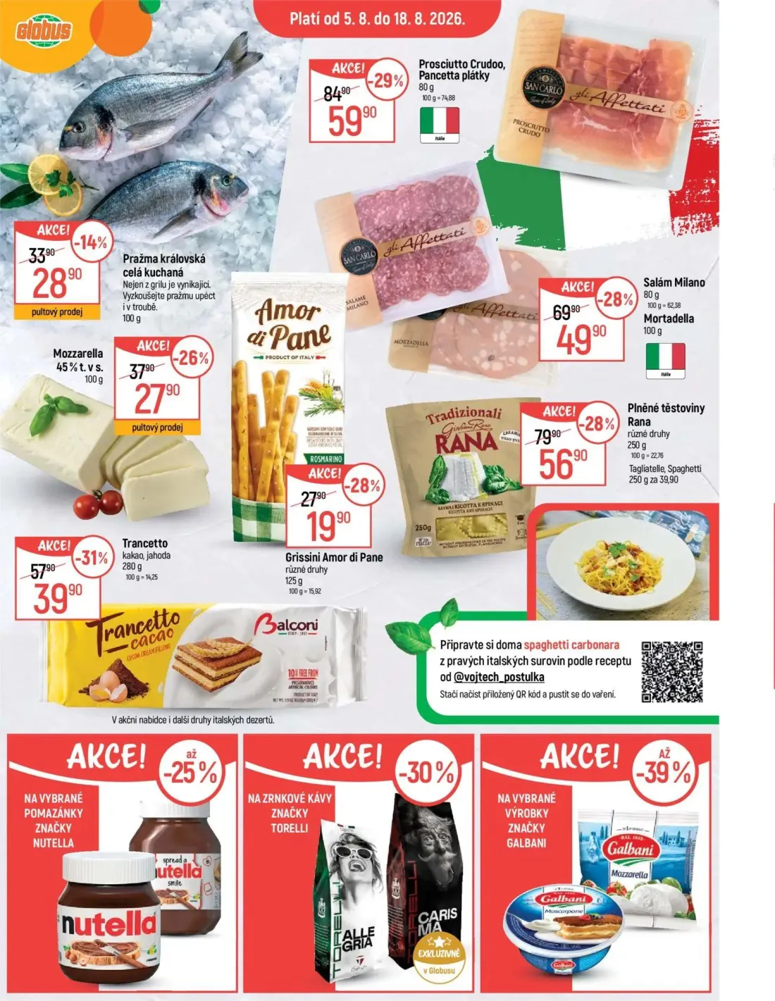GLOBUS leták, strana 11 z 43 — Prosciutto Crudoo, Pancetta plátky, Plněné těstoviny Rana, Salám Milano