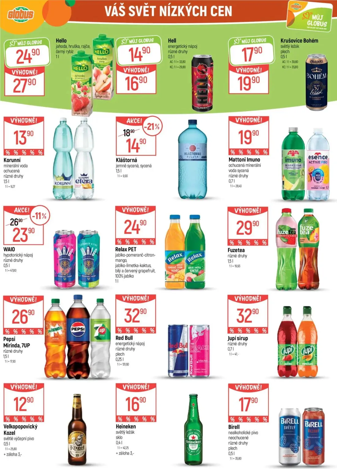 GLOBUS leták, strana 26 z 43 — Kláštorná jemně sycená, sycená, Hello jahoda, hruška, rajče, černý rybíz, WAIO hypotonický ná…