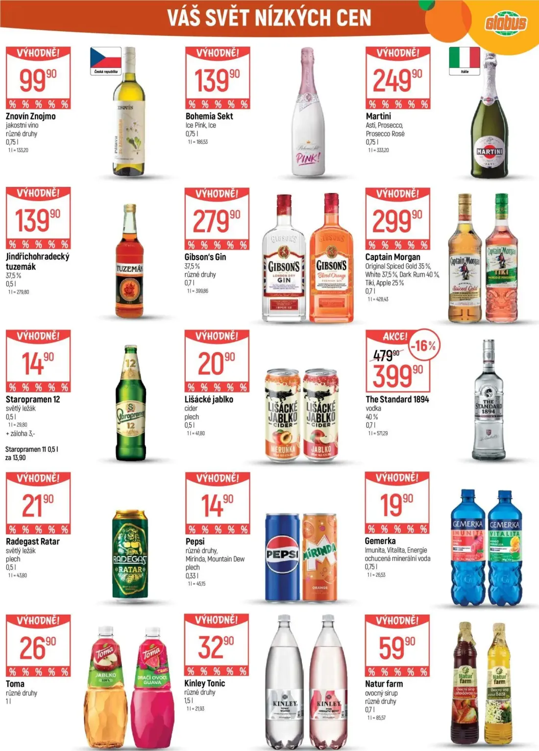 GLOBUS leták, strana 27 z 43 — The Standard 1894 vodka, Znovín Znojmo, Bohemia Sekt Ice Pink, Ice