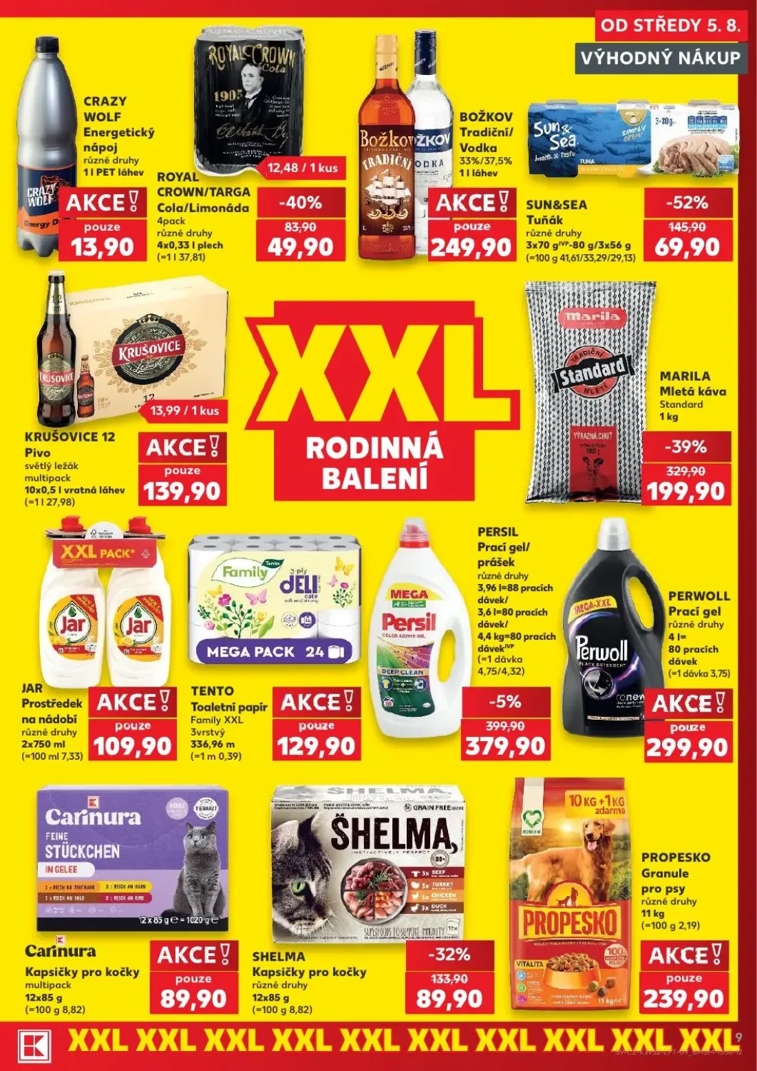 Kaufland leták, strana 9 z 54 — SHELMA Kapsičky pro kočky, ROYAL CROWN/TARGA Cola/Limonáda, PERSIL Prací gel/prášek