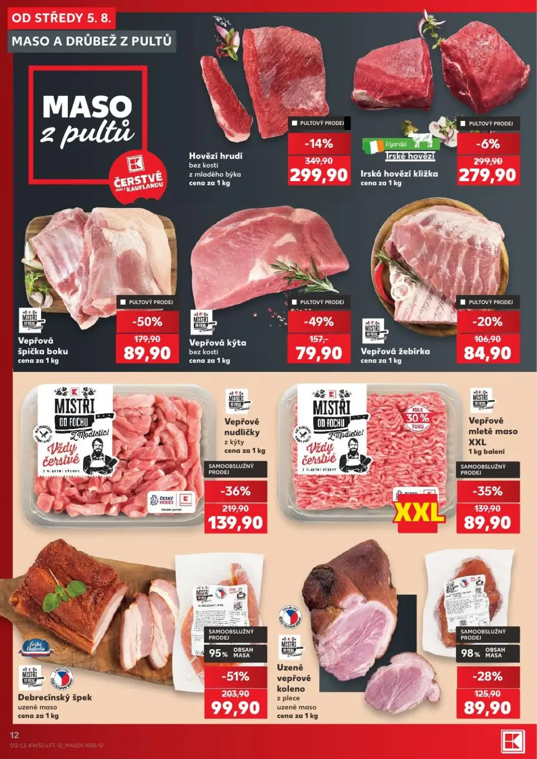 Kaufland leták, strana 12 z 54 — Debrecínský špek, Vepřová špička boku, Vepřové nudličky z kýty