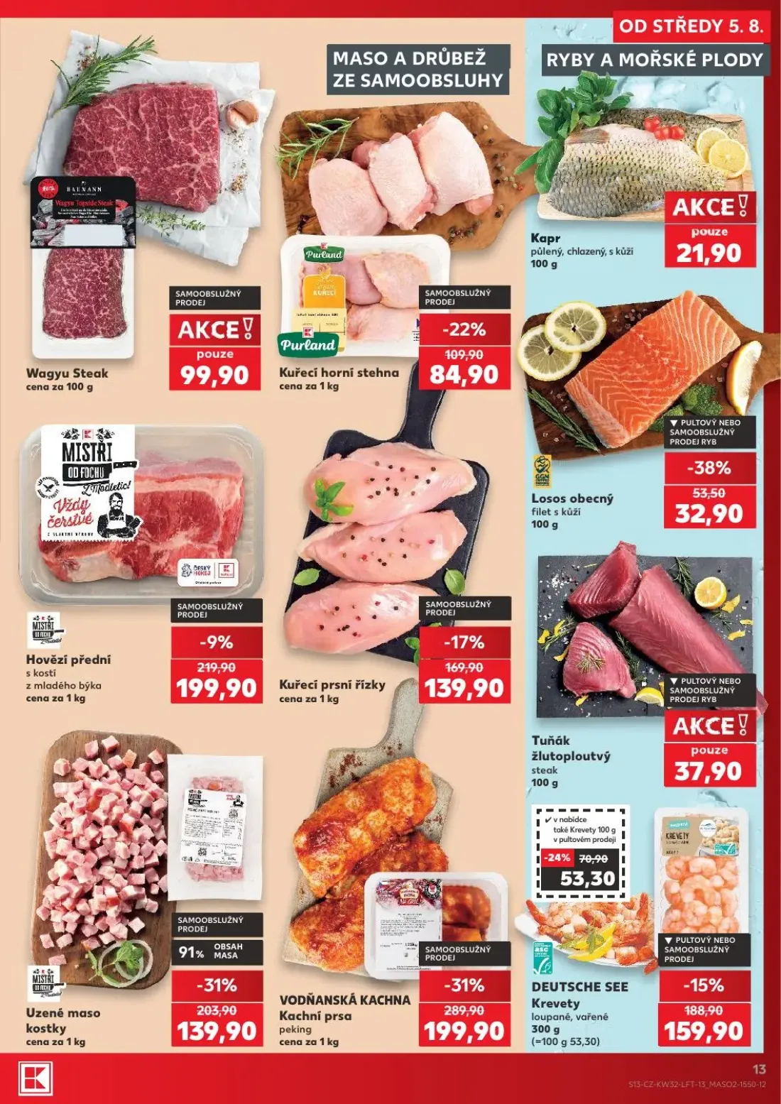 Kaufland leták, strana 13 z 54 — VODŇANSKÁ KACHNA Kachní prsa peking, Uzené maso kostky, Kuřecí prsní řízky