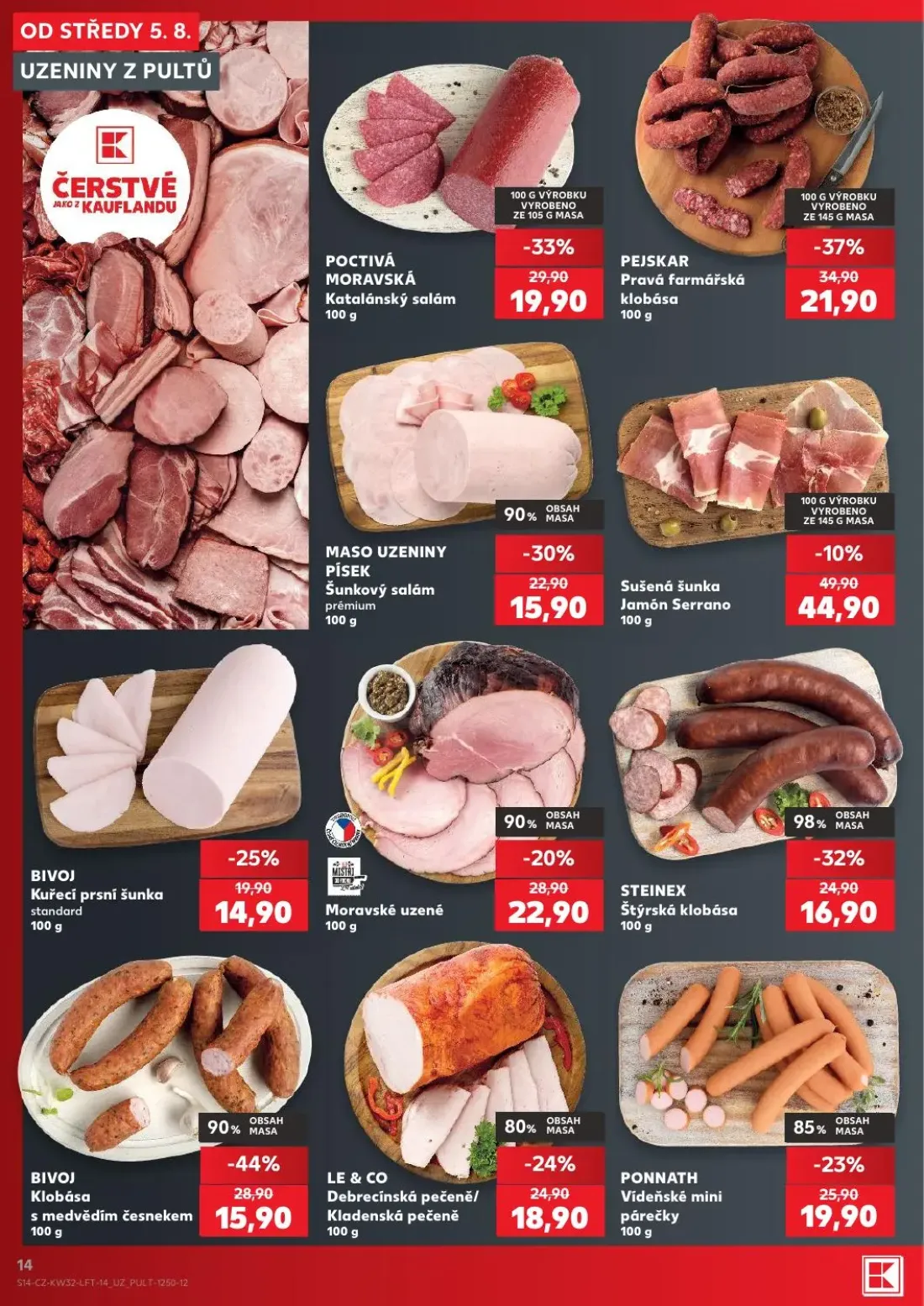 Kaufland leták, strana 14 z 54 — PEJSKAR Pravá farmářská klobása, BIVOJ Klobása s medvědím česnekem, POCTIVÁ MORAVSKÁ Katalá…