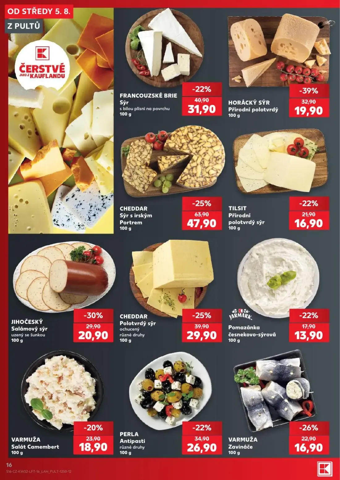 Kaufland leták, strana 16 z 54 — CHEDDAR Sýr s irským Portrem, HORÁCKÝ SÝR, CHEDDAR Polotvrdý sýr ochucený
