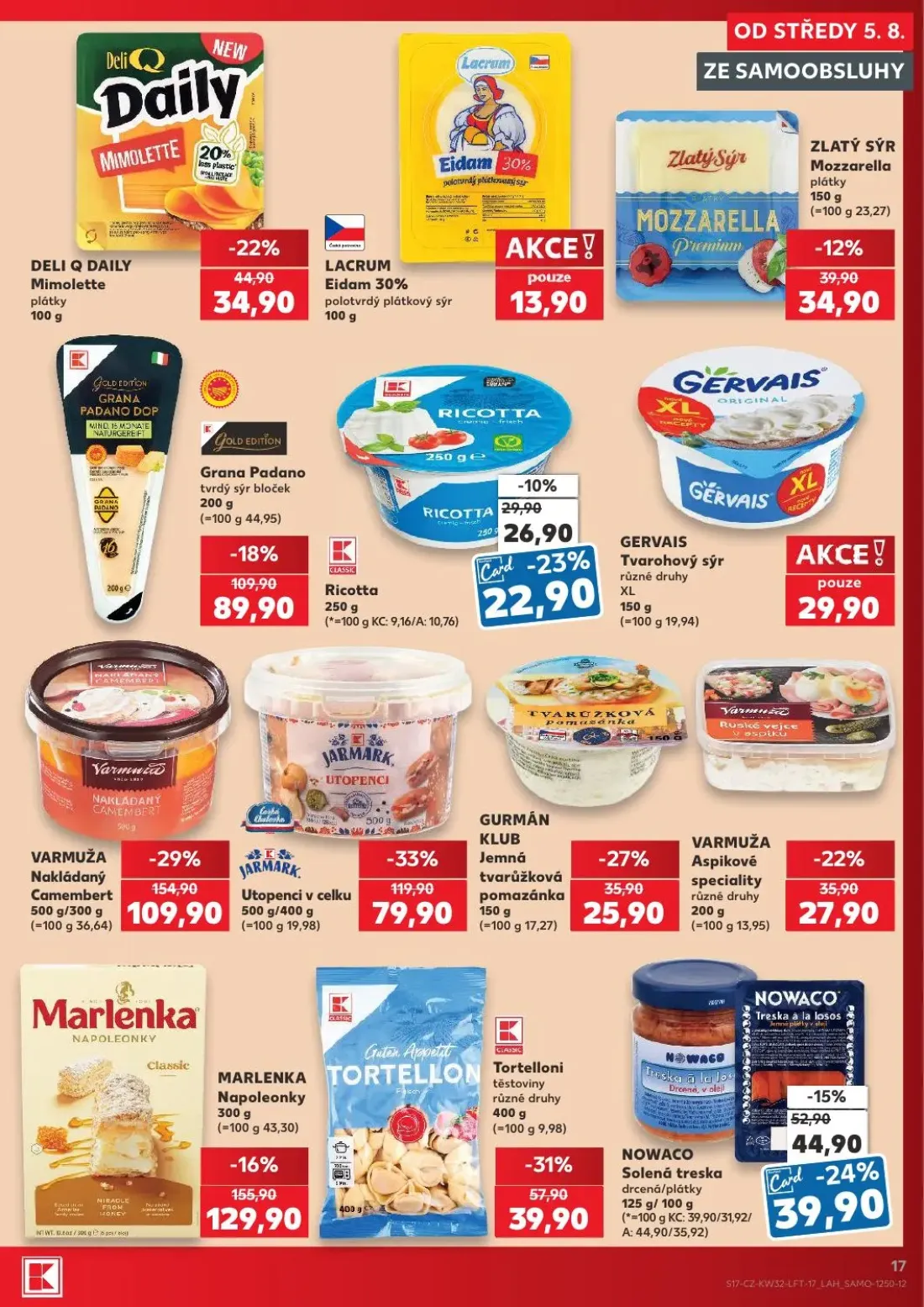 Kaufland leták, strana 17 z 54 — VARMUŽA Nakládaný Camembert, Utopenci v celku, MARLENKA Napoleonky