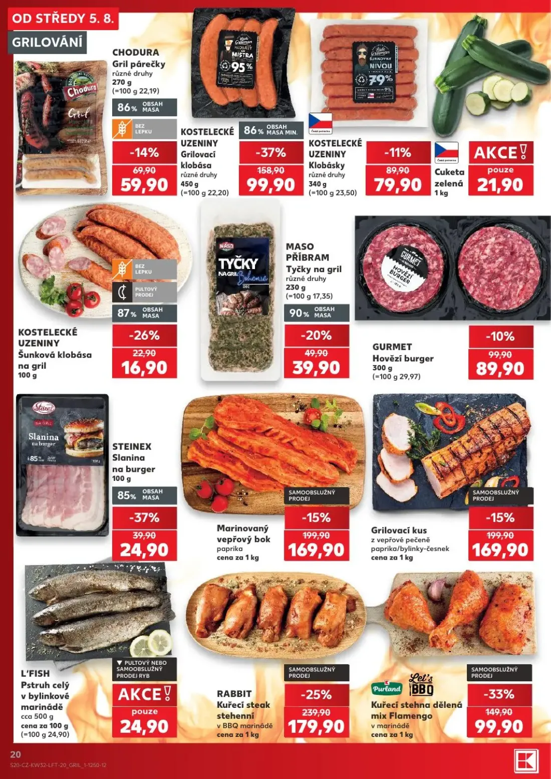 Kaufland leták, strana 20 z 54 — RABBIT Kuřecí steak stehenní v BBQ marinádě, KOSTELECKÉ UZENINY Grilovací klobása různé dru…