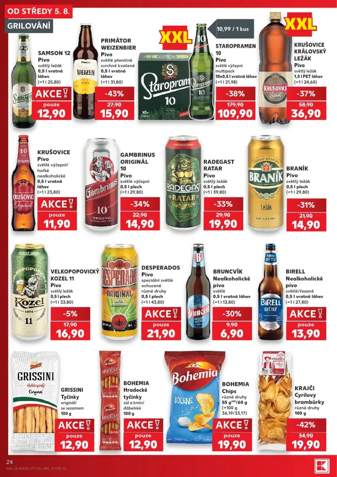 Kaufland leták, strana 24 z 54 — KRUŠOVICE KRÁLOVSKÝ LEŽÁK Pivo, KRAJČI Cyrilovy brambůrky, PRIMÁTOR WEIZENBIER Pivo