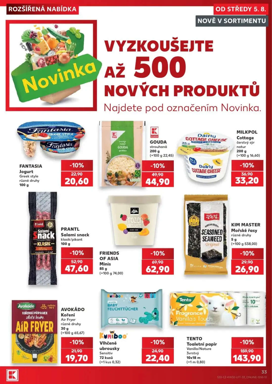 Kaufland leták, strana 33 z 54 — TENTO Toaletní papír Vanilla/Nature 3vrstvý, PRANTL Salami snack klasik/pikant, GOUDA strou…