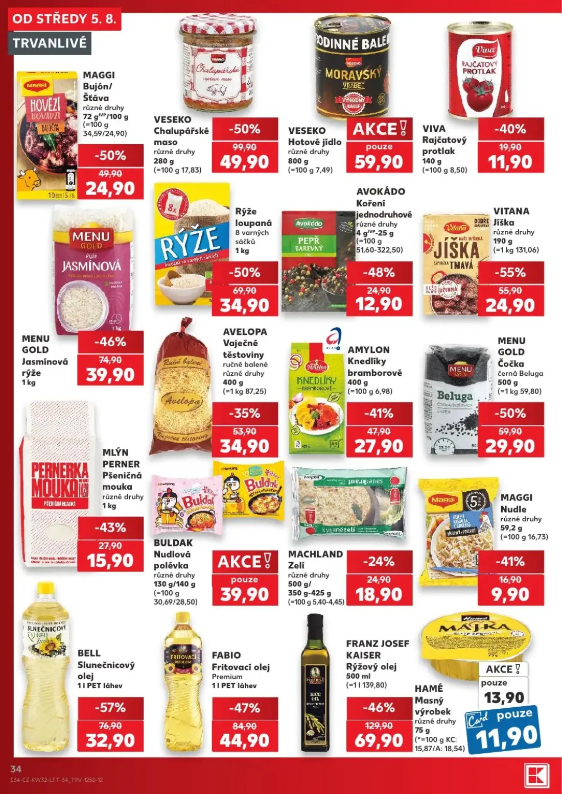 Kaufland leták, strana 34 z 54 — FRANZ JOSEF KAISER Rýžový olej, VESEKO Chalupářské maso, BELL Slunečnicový olej