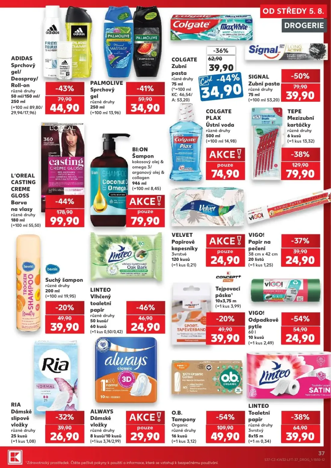 Kaufland leták, strana 37 z 54 — L'OREAL CASTING CREME GLOSS Barva na vlasy, O.B. Tampony Organic, TEPE Mezizubní kartáčky