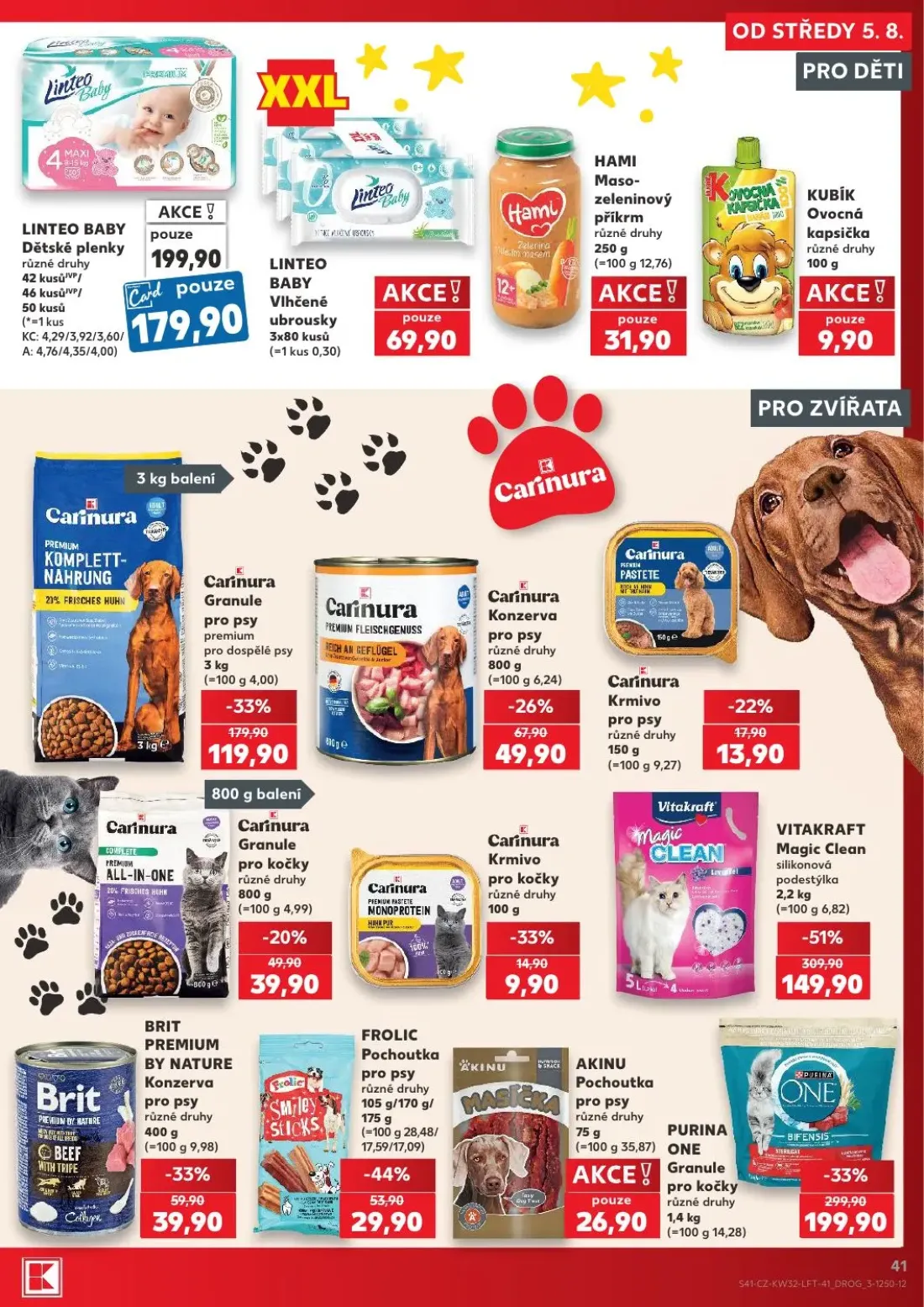 Kaufland leták, strana 41 z 54 — VITAKRAFT Magic Clean silikonová podestýlka, PURINA ONE Granule pro kočky, Carinura Granule…