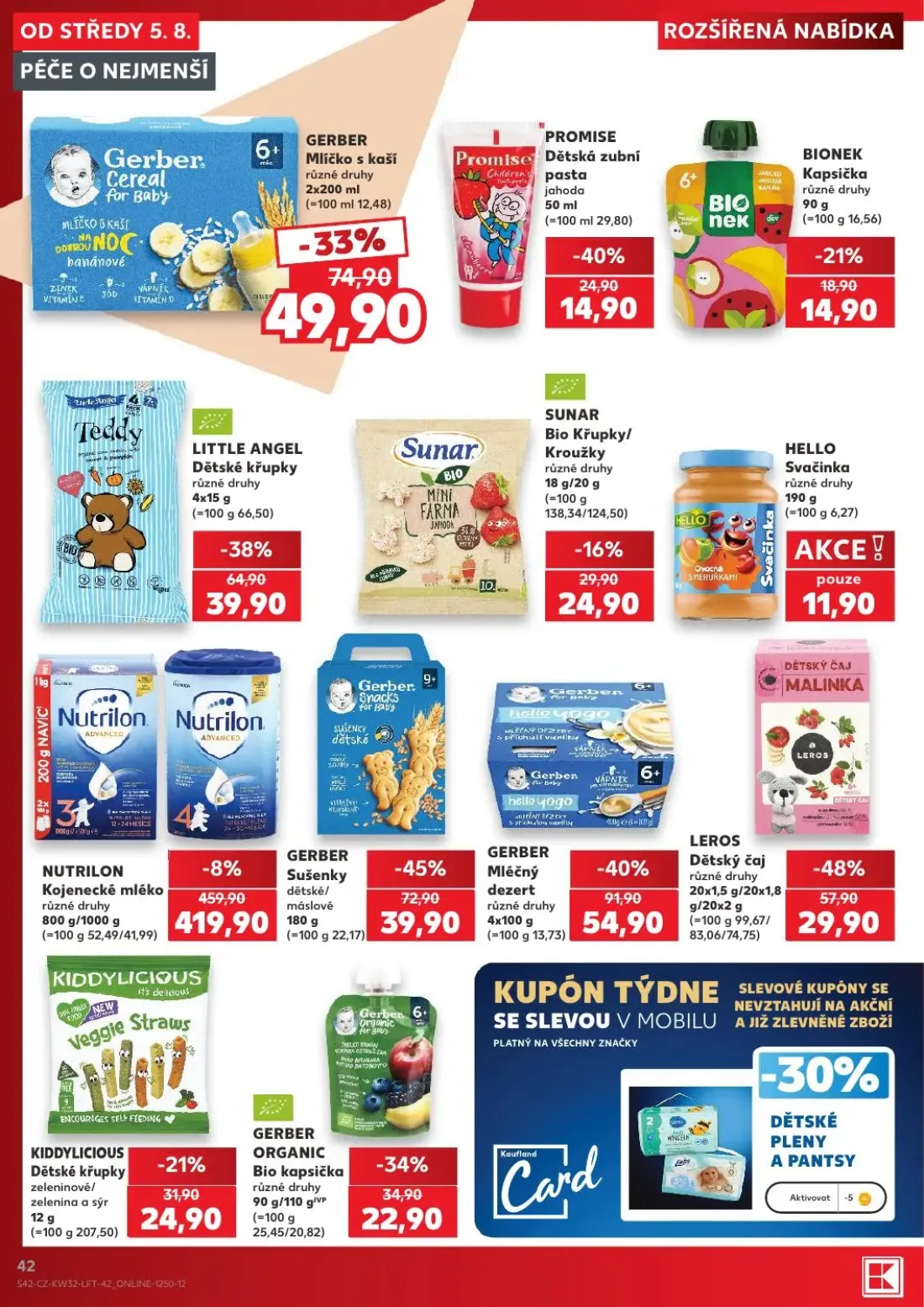 Kaufland leták, strana 42 z 54 — NUTRILON Kojenecké mléko, GERBER Mléčný dezert, GERBER Sušenky dětské/máslové