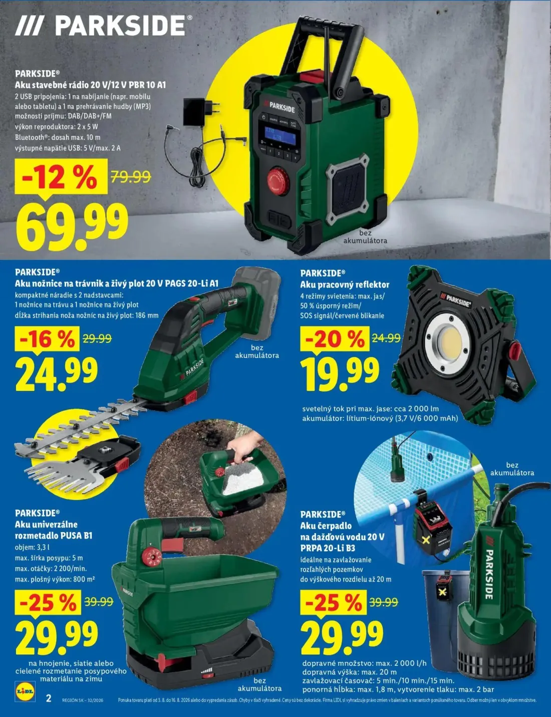 Lidl leták, strana 2 z 8 — Aku stavebné rádio 20 V/12 V PBR 10 A1, Aku univerzálne rozmetadlo PUSA B1, Aku čerpadlo na dažďo…