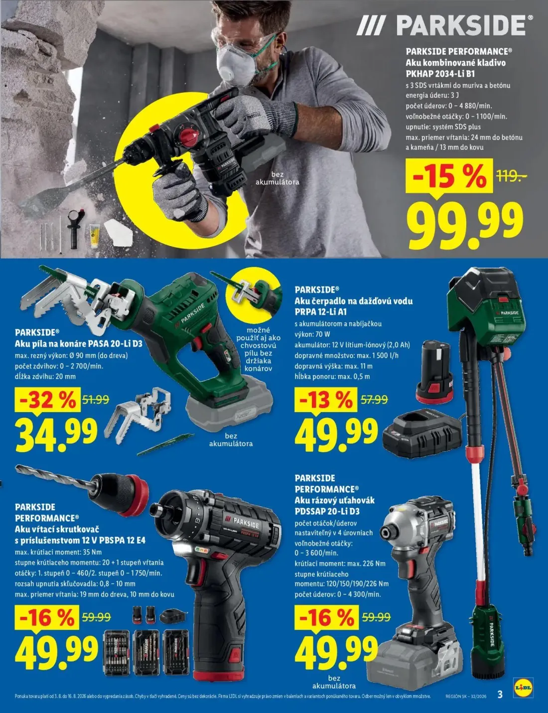 Lidl leták, strana 3 z 8 — PARKSIDE PERFORMANCE® Aku kombinované kladivo PKHAP 2034-Li B1, PARKSIDE® Aku píla na konáre PASA…