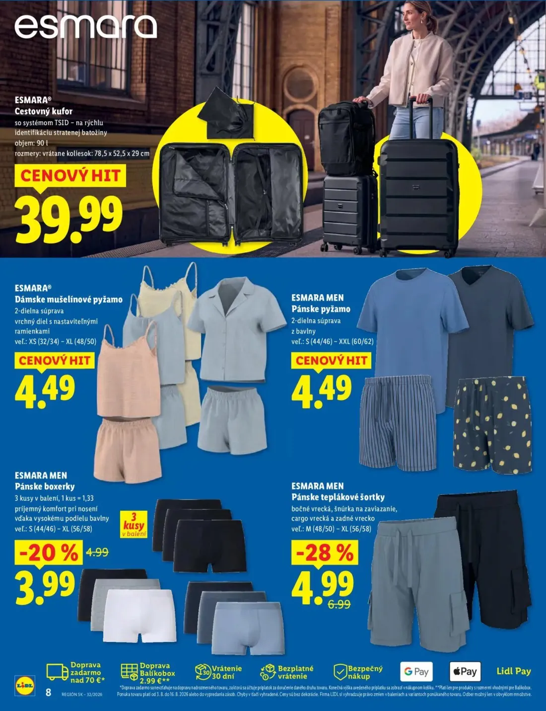 Lidl leták, strana 8 z 8 — Pánske teplákové šortky, Pánske boxerky, Dámske mušelínové pyžamo