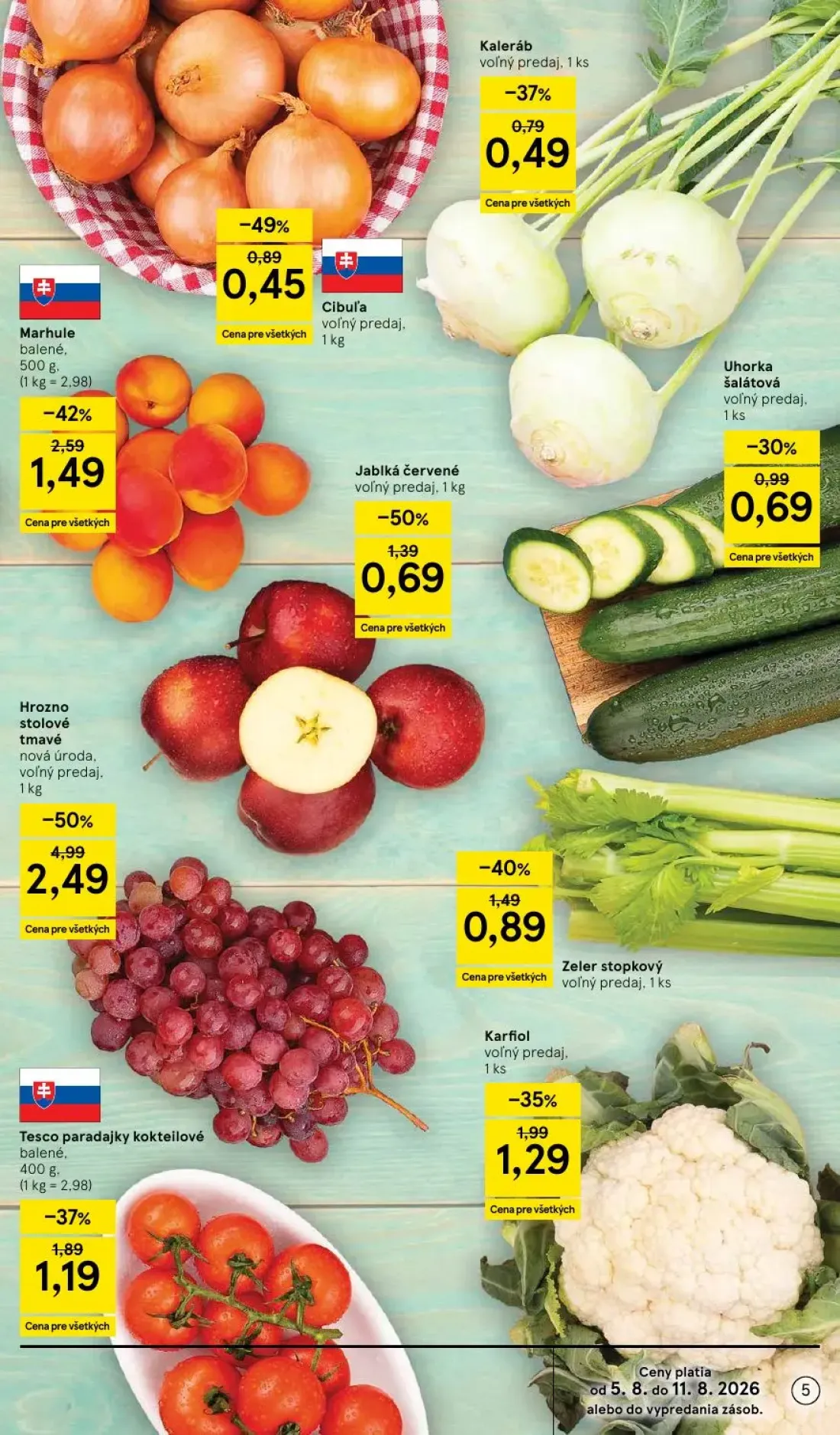 Tesco Supermarket leták, strana 5 z 29 — Hrozno stolové tmavé nová úroda, voľný predaj, Marhule balené, Jablká červené voľný…