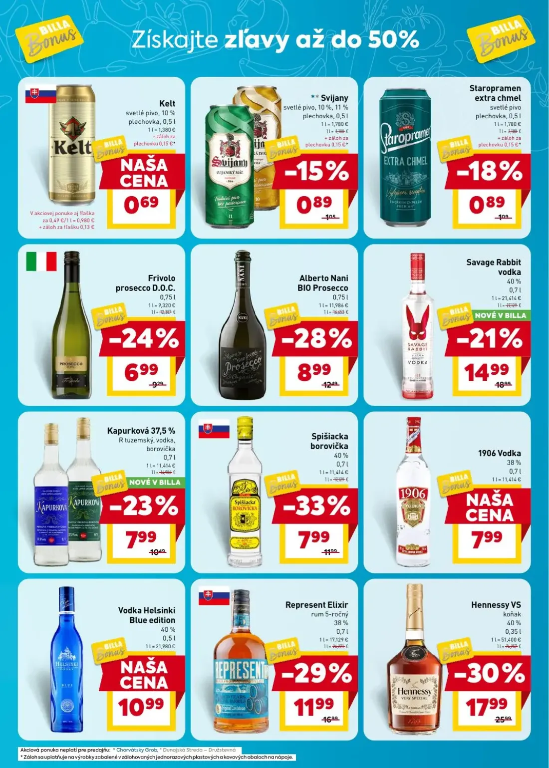Billa leták, strana 7 z 8 — Staropramen extra chmel svetlé pivo, ** Svijany svetlé pivo, 10%, 11%, Kelt svetlé pivo, 10%