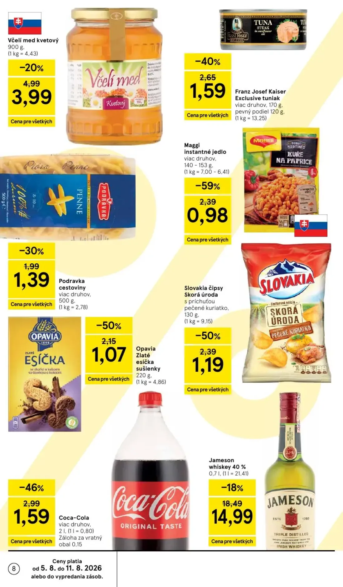 Tesco Supermarket leták, strana 8 z 29 — Jameson whiskey 40 %, Maggi instantné jedlo, Coca-Cola