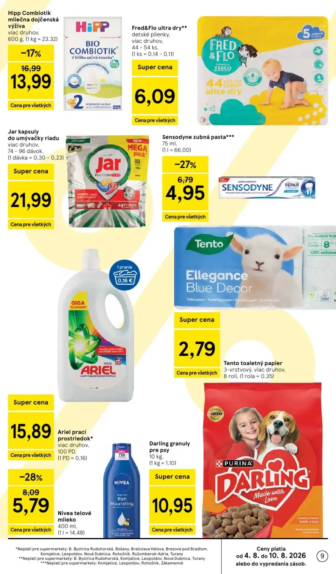 Tesco Supermarket leták, strana 9 z 29 — Hipp Combiotik mliečna dojčenská výživa, Nivea telové mlieko, Sensodyne zubná pasta