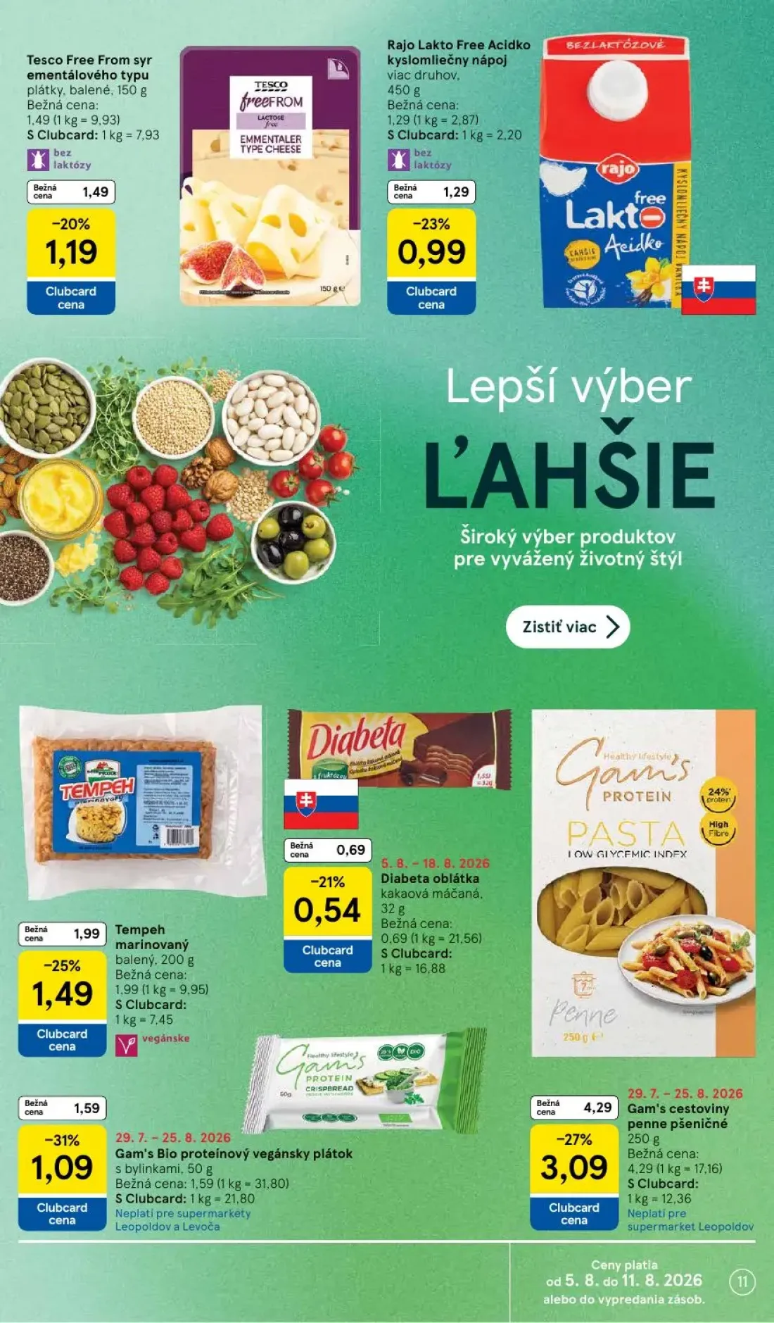 Tesco Supermarket leták, strana 11 z 29 — Gam's cestoviny penne pšeničné, Tempeh marinovaný, Gam's Bio proteínový vegánsky p…