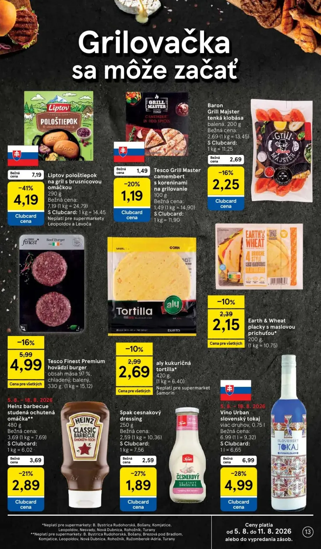 Tesco Supermarket leták, strana 13 z 29 — Liptov pološtiepok na gril s brusnicovou omáčkou, Tesco Finest Premium hovädzí bur…
