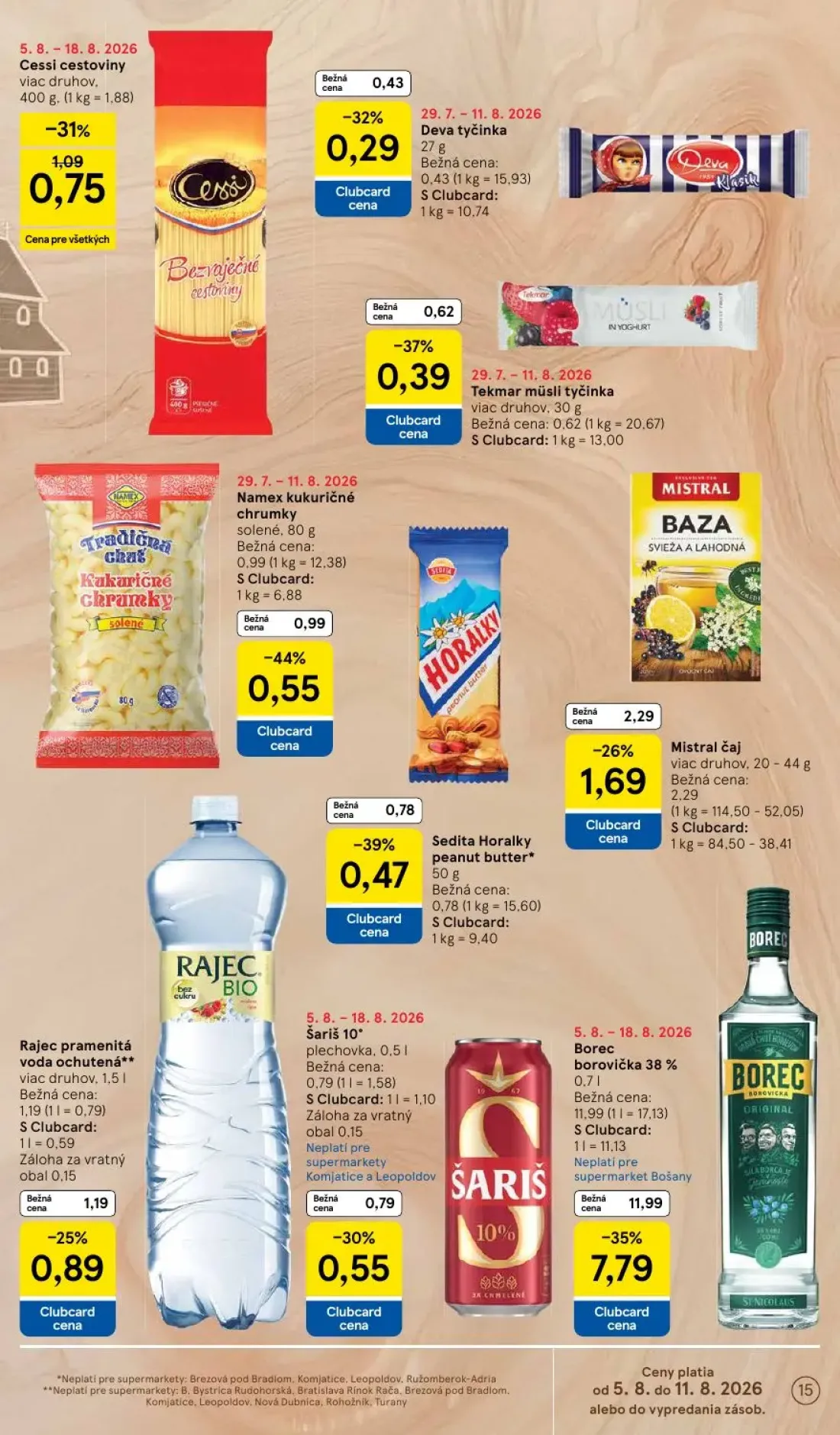 Tesco Supermarket leták, strana 15 z 29 — Borec borovička 38%, Mistral čaj, Namex kukuričné chrumky