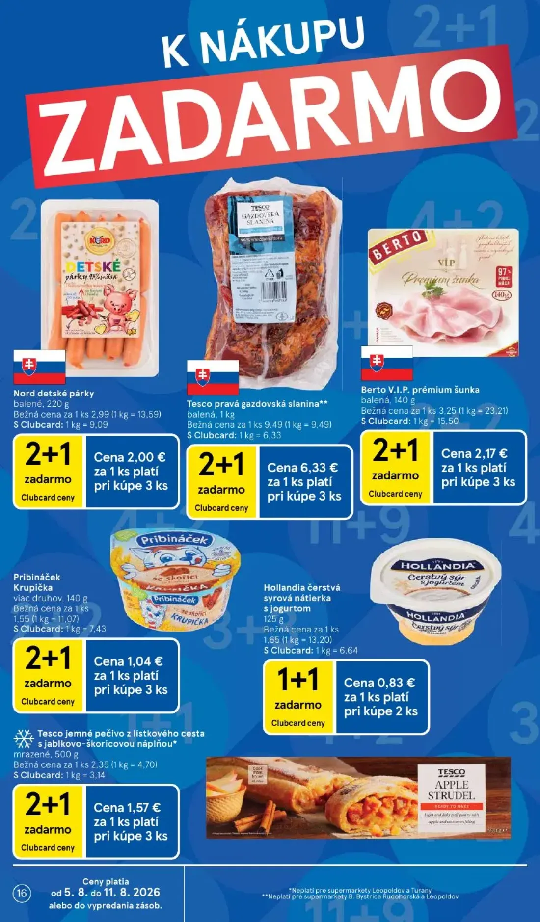 Tesco Supermarket leták, strana 16 z 29 — Tesco pravá gazdovská slanina, Berto V.I.P. prémium šunka, Nord detské párky