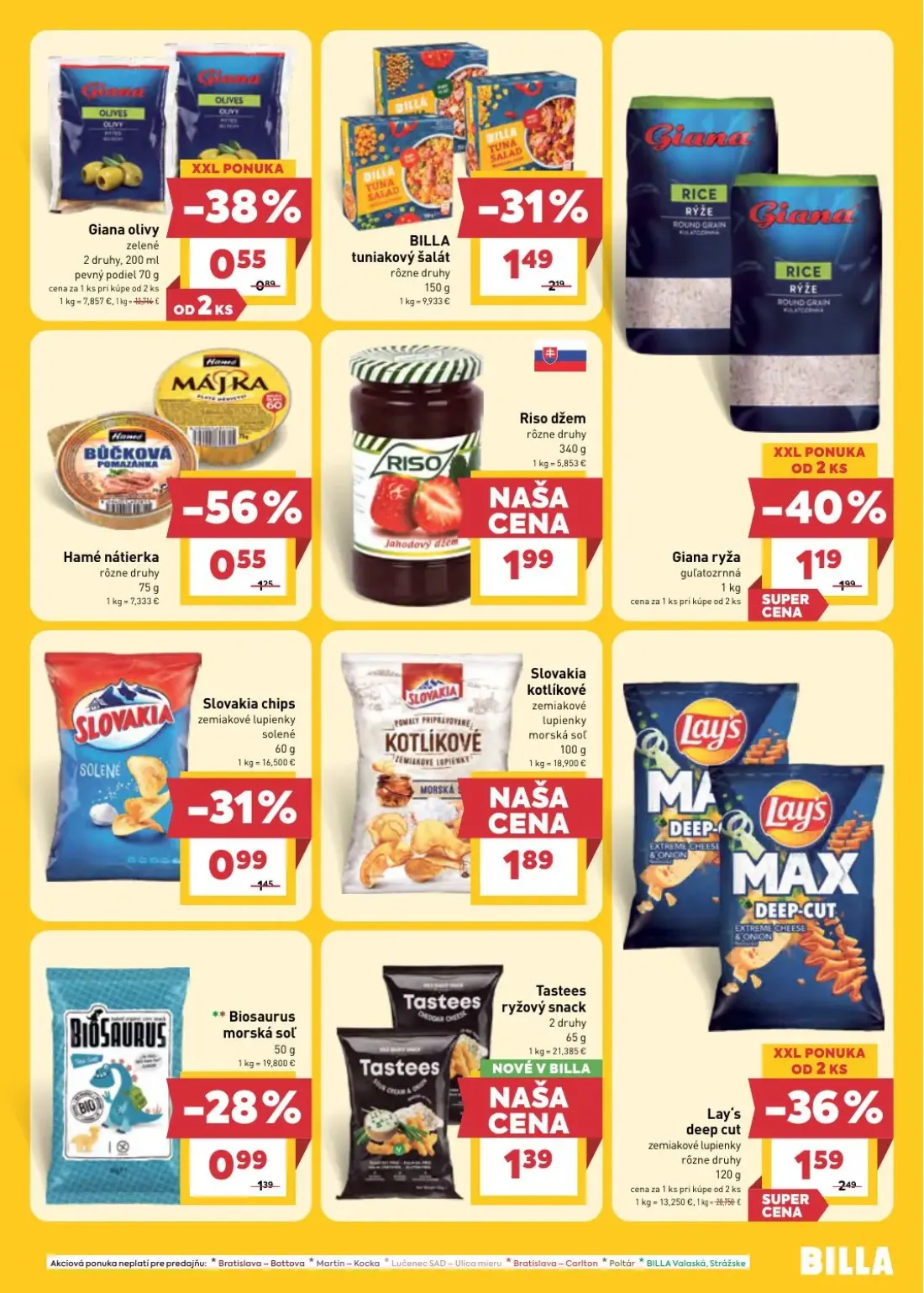 Billa leták, strana 15 z 32 — Lay's deep cut zemiakové lupienky, Slovakia chips zemiakové lupienky, Biosaurus morská soľ