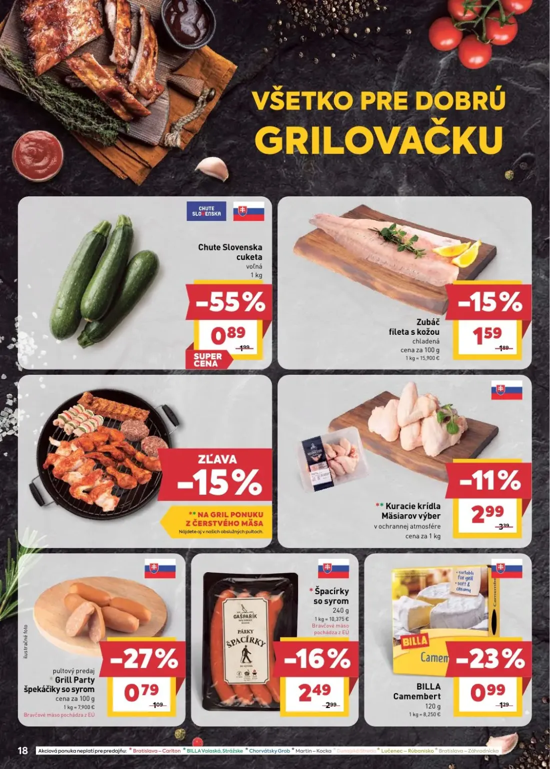 Billa leták, strana 18 z 32 — Špacírky so syrom, Kuracie krídla Mäsiarov výber, Grill Party špekáčiky so syrom