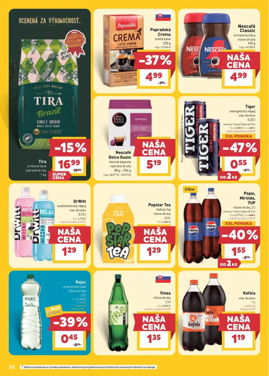 Billa leták, strana 20 z 32 — Pepsi, Mirinda, 7UP, Rajec pramenitá voda, Vinea