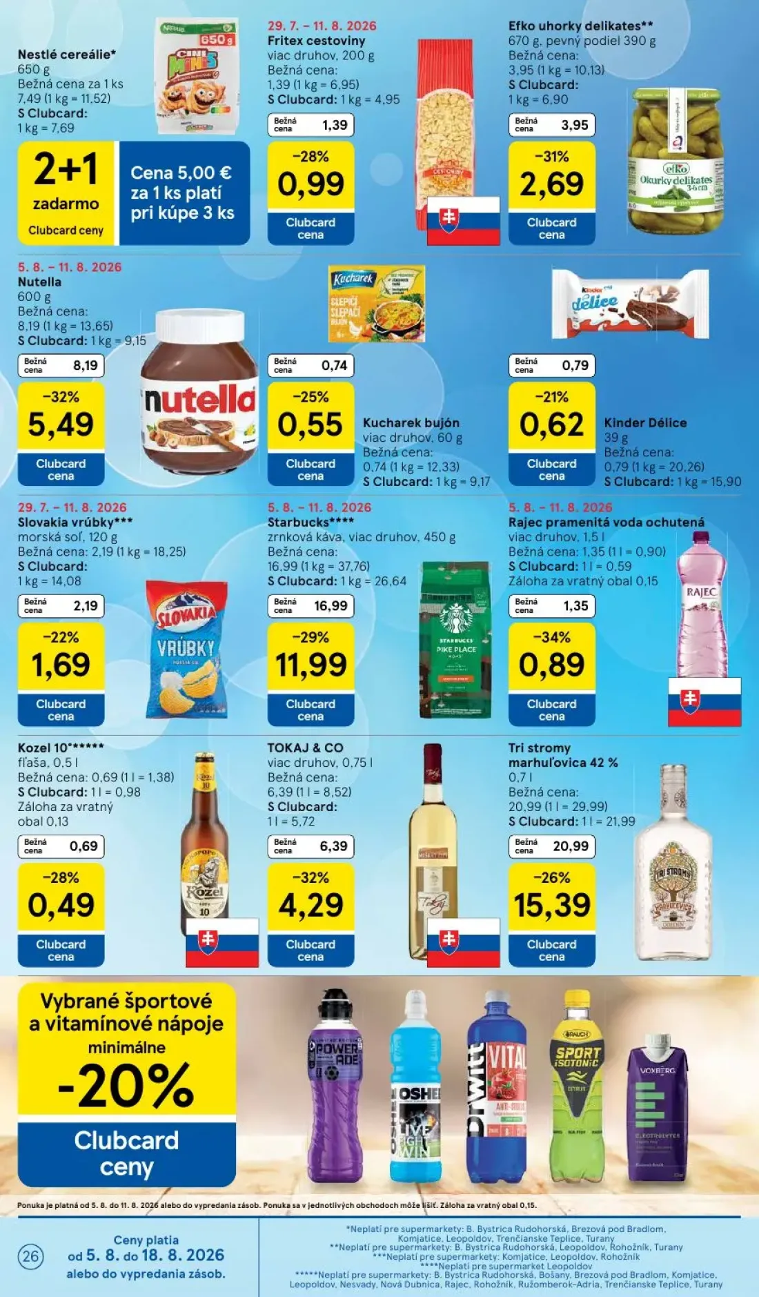 Tesco Supermarket leták, strana 26 z 29 — Tri stromy marhuľovica 42%, Starbucks, Nutella