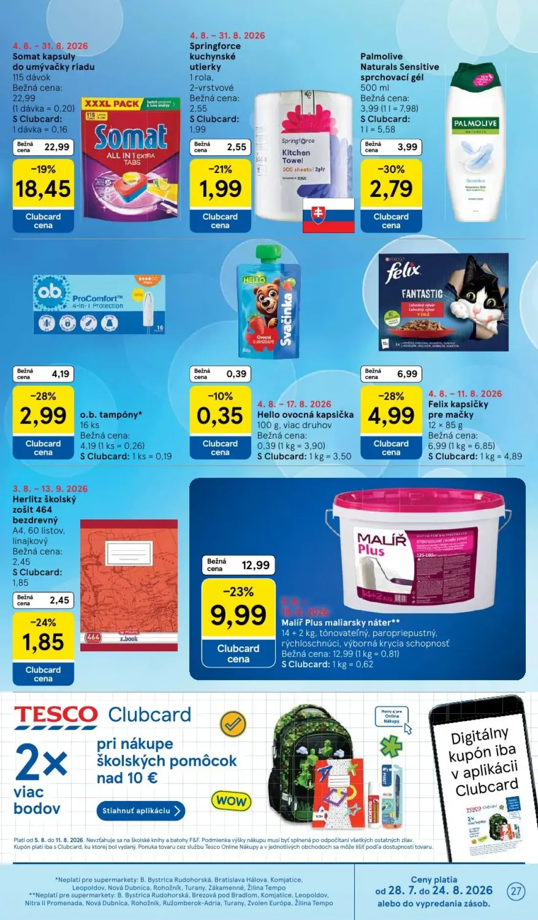 Tesco Supermarket leták, strana 27 z 29 — Somat kapsuly do umývačky riadu, Felix kapsičky pre mačky, Palmolive Naturals Sens…