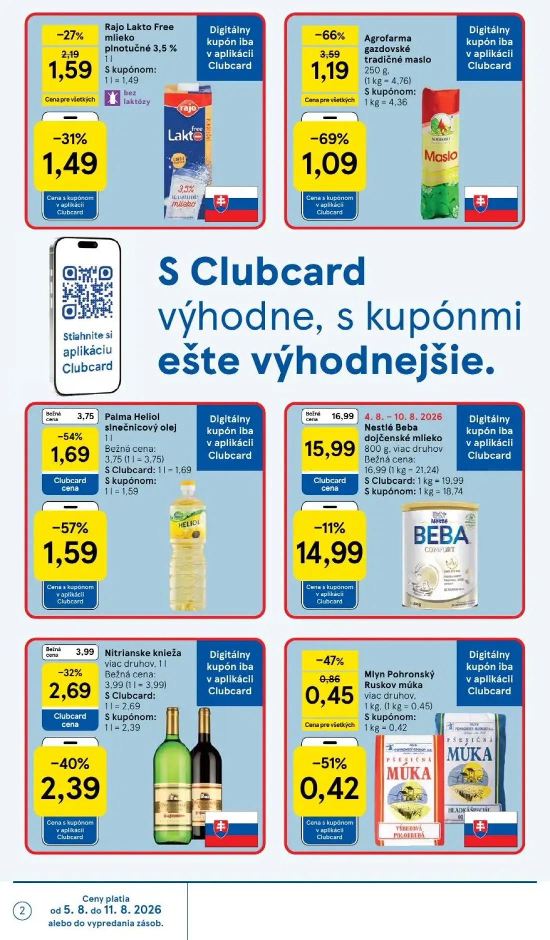 Tesco leták, strana 2 z 52 — Agrofarma gazdovské tradičné maslo, Rajo Lakto Free mlieko plnotučné 3,5%, Mlyn Pohronský Rusko…