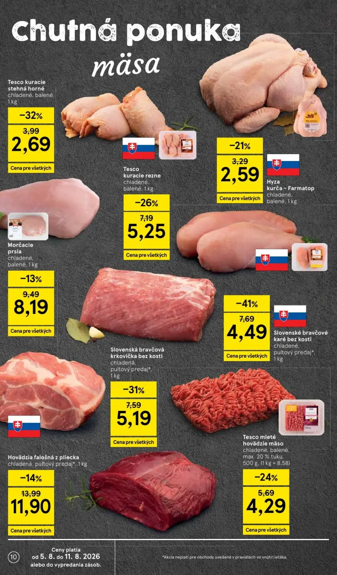 Tesco leták, strana 10 z 52 — Slovenské bravčové karé bez kosti chladené, pultový predaj*., Slovenská bravčová krkovička bez…